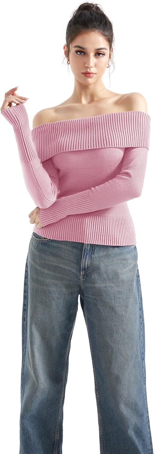 SUUKSESS Women Off Shoulder Sweaters Long Sleeve Ribbed Knit Going Out Fall Tops Blouse - Image 2