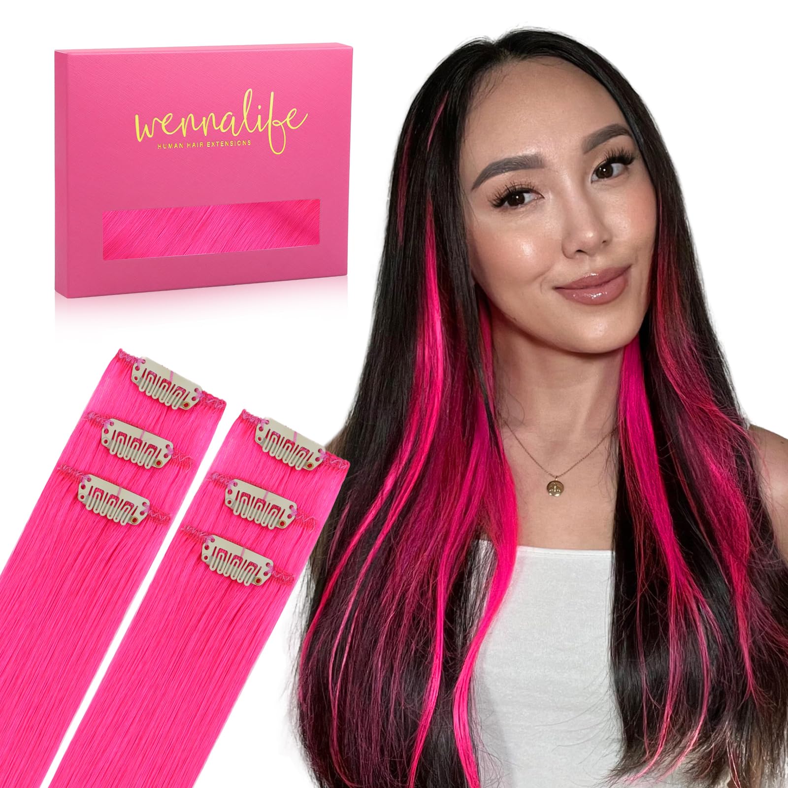 WENNALIFE Hot Pink Clip in Hair Extensions Real Human Hair 30g 6pcs 24 Inch Colored Extensions for Kids Women Colorful Hair Pieces Pop-up Style Straight De Cabello Humano Con Clip