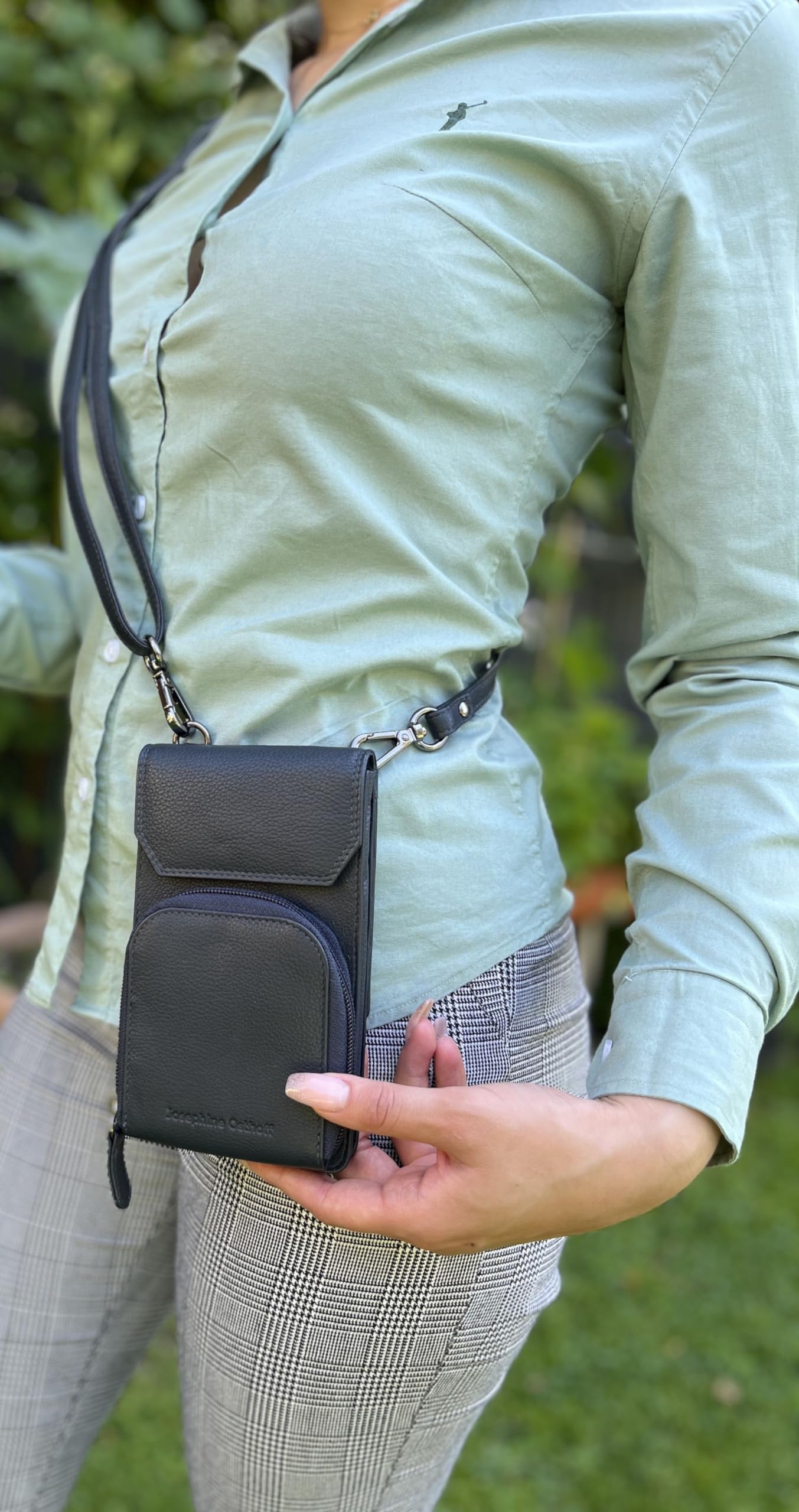 Torebka na telefon komórkowy do zawieszenia damska mała, prawdziwa skóra, torba na ramię na telefon komórkowy, smartfon, torba z ochroną RFID, zamek błyskawiczny Crossbody (100), czarny, 17 x 10 x 4 cm