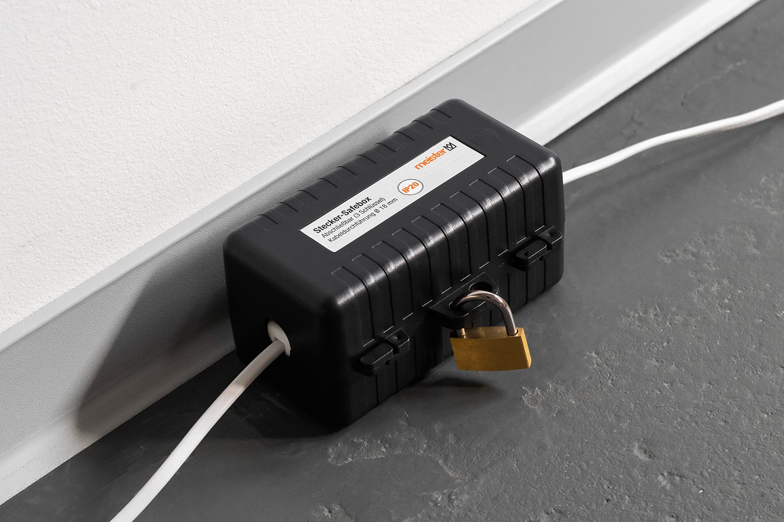Meister Safebox 7436120 - Caja de Seguridad (120 x 60 x 60 mm, IP20, para Cables de hasta 18 mm de Grosor, Incluye candado y Llaves), Color Negro