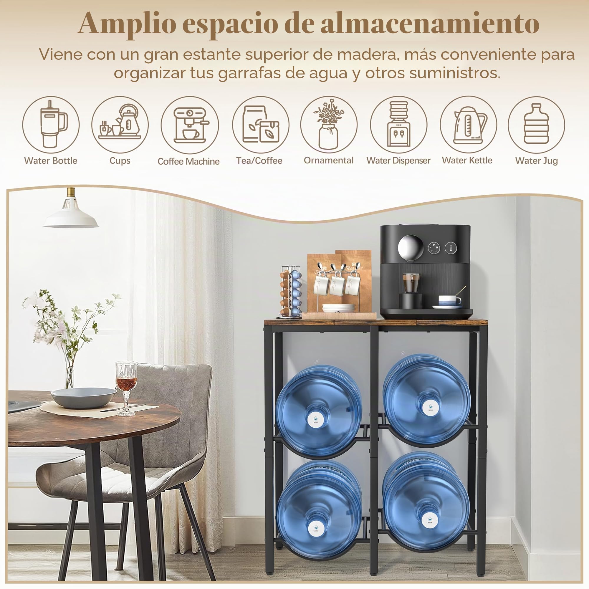 Bikoney Soporte Garrafas Agua 19L, Estante 3 Niveles con Repisa de Madera, Organizador 4 Huecos para Botellas 5 Galones, Portabotellas con Dispensador para Casa, Oficina, Garaje