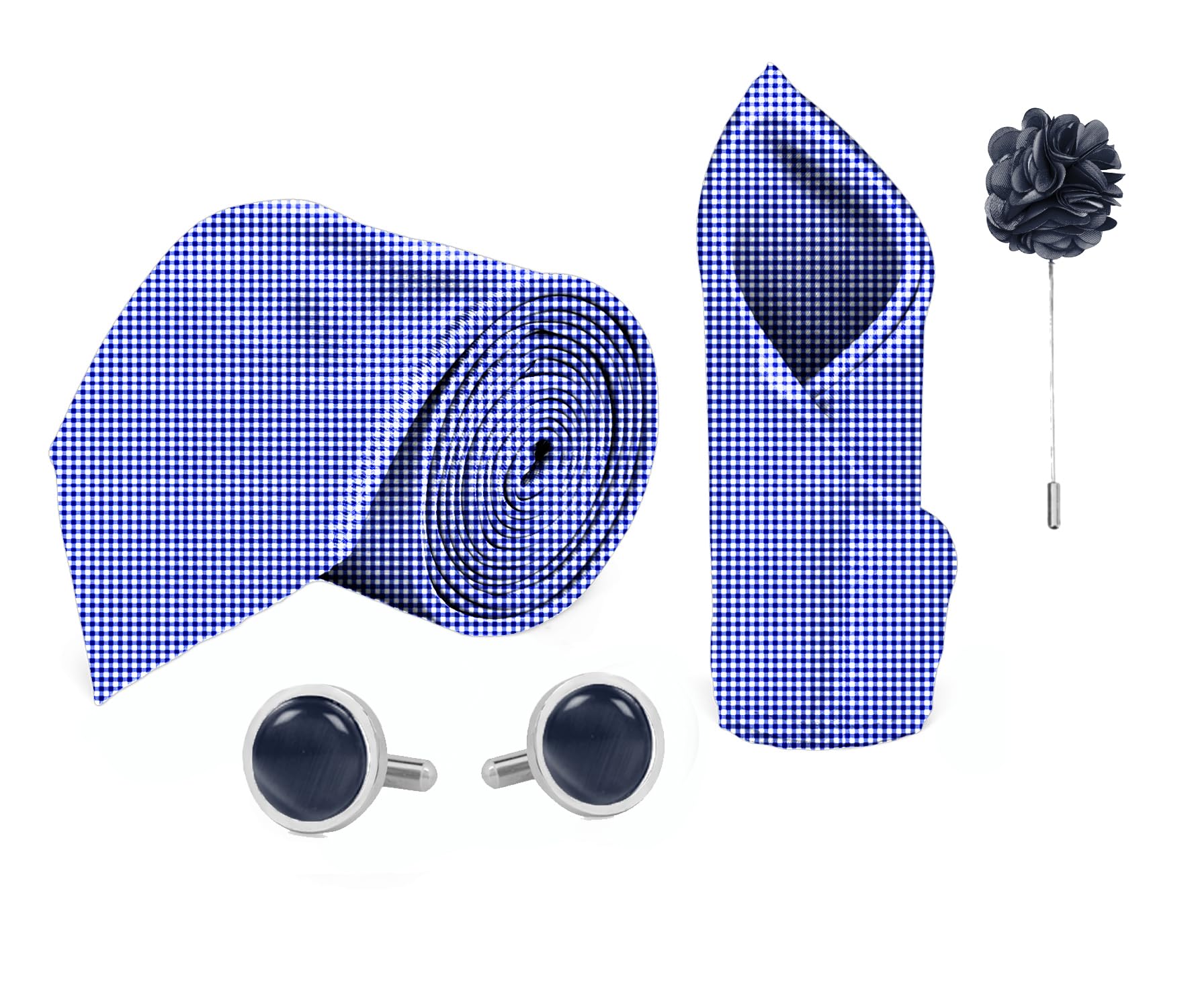 blacksmith Blue Gingham Printed Tie, Pocket Square, Cufflink & Lapel Pin Set for Men-picture-17