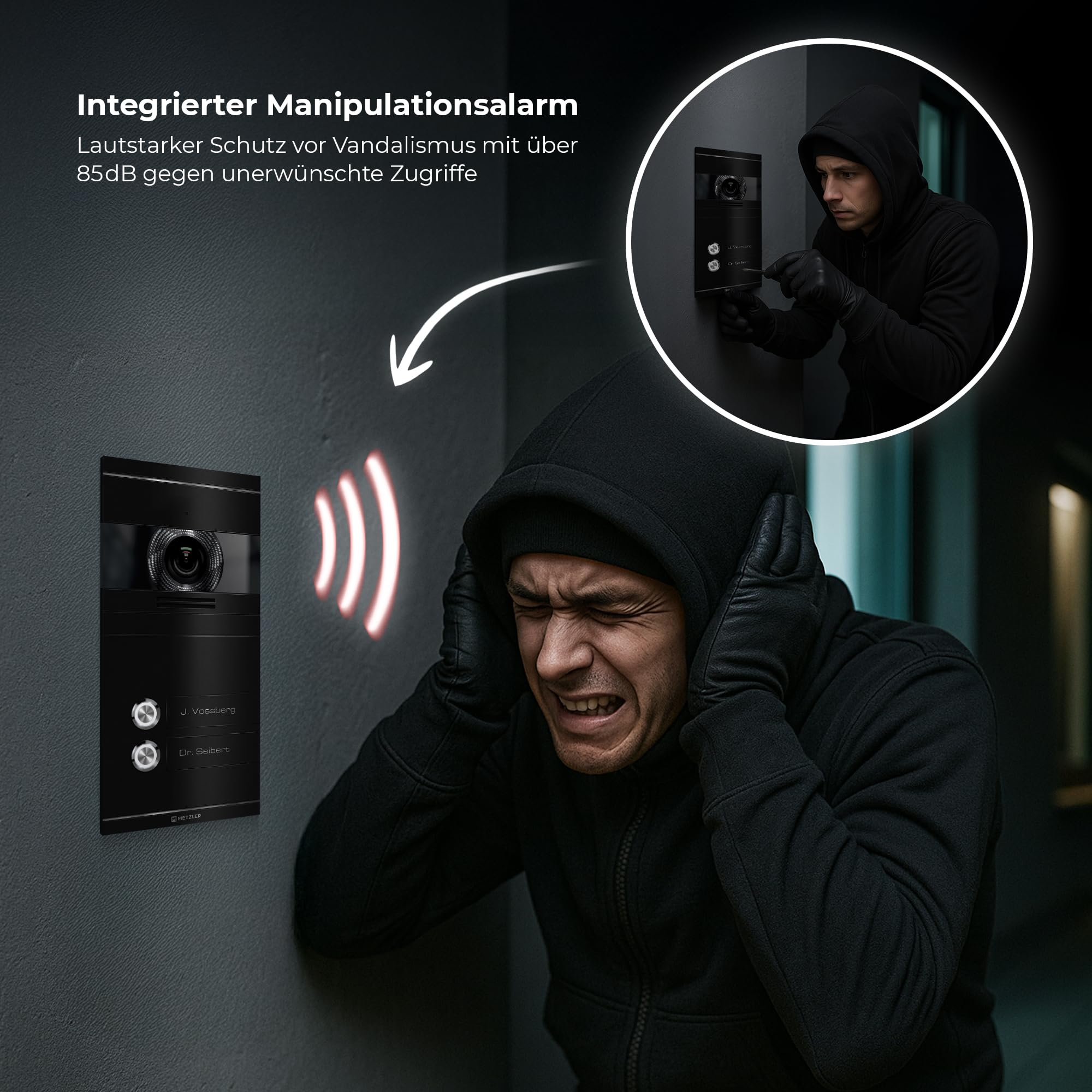 Metzler VDM10 2.0 Videocitofono a 2 fili IP – Set completo – 2 campanelli casa familiare in RAL9005 nero profondo con apriporta, fotocamera HD, app per smartphone, 2 stazioni interne 7 pollici touch