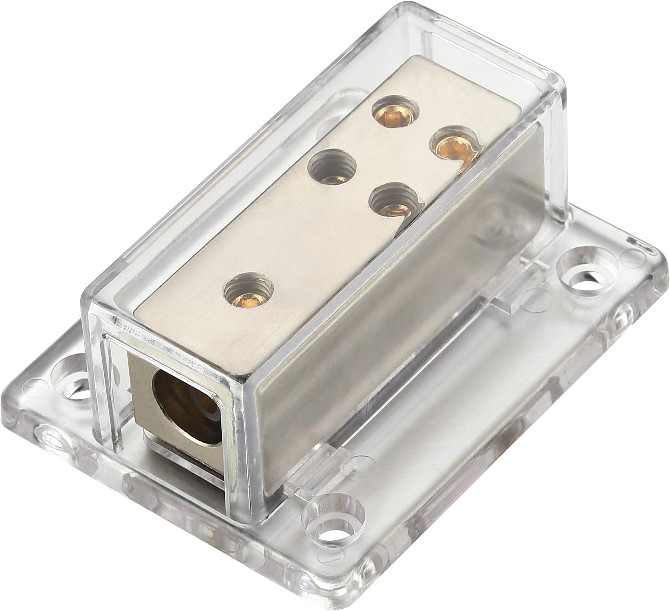 4/8/10 AWG Gauge Power Distribution Block 4 Gauge in - (4) 8/10 Gauge Out, Satin Nickle Plated Internal Material and High-Strength Clear Housing