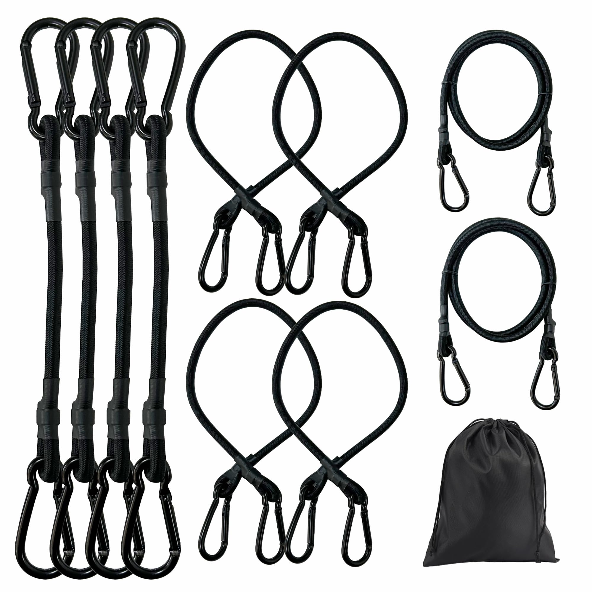 10 Pcs Heavy Duty Bungee Cords with Carabiner Hooks &amp; Storage Bag, 12/24/48 Inch Industrial Grade Elastic Ropes, Reinforced Black Bungee Straps Set for Tarps, Luggage, Tents, Bikes Outdoor