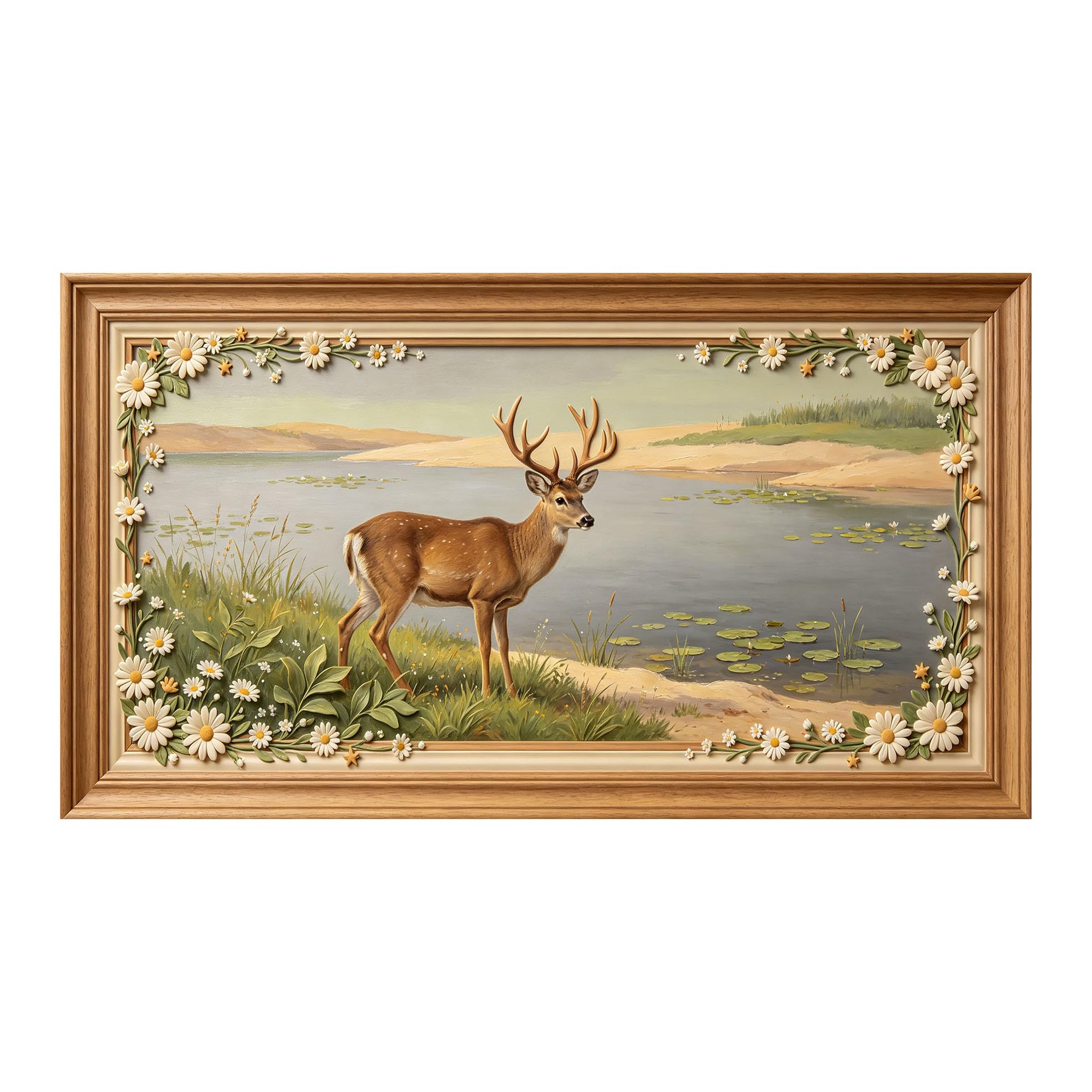 Yzpallescene 3D 3D Framed Wall Art 50cm×90cm Deer Lake Landscape Oil Painting Large Size SelfAdhesive Removable Wall Decor Prints Artwork for Living Room Bedroom Office