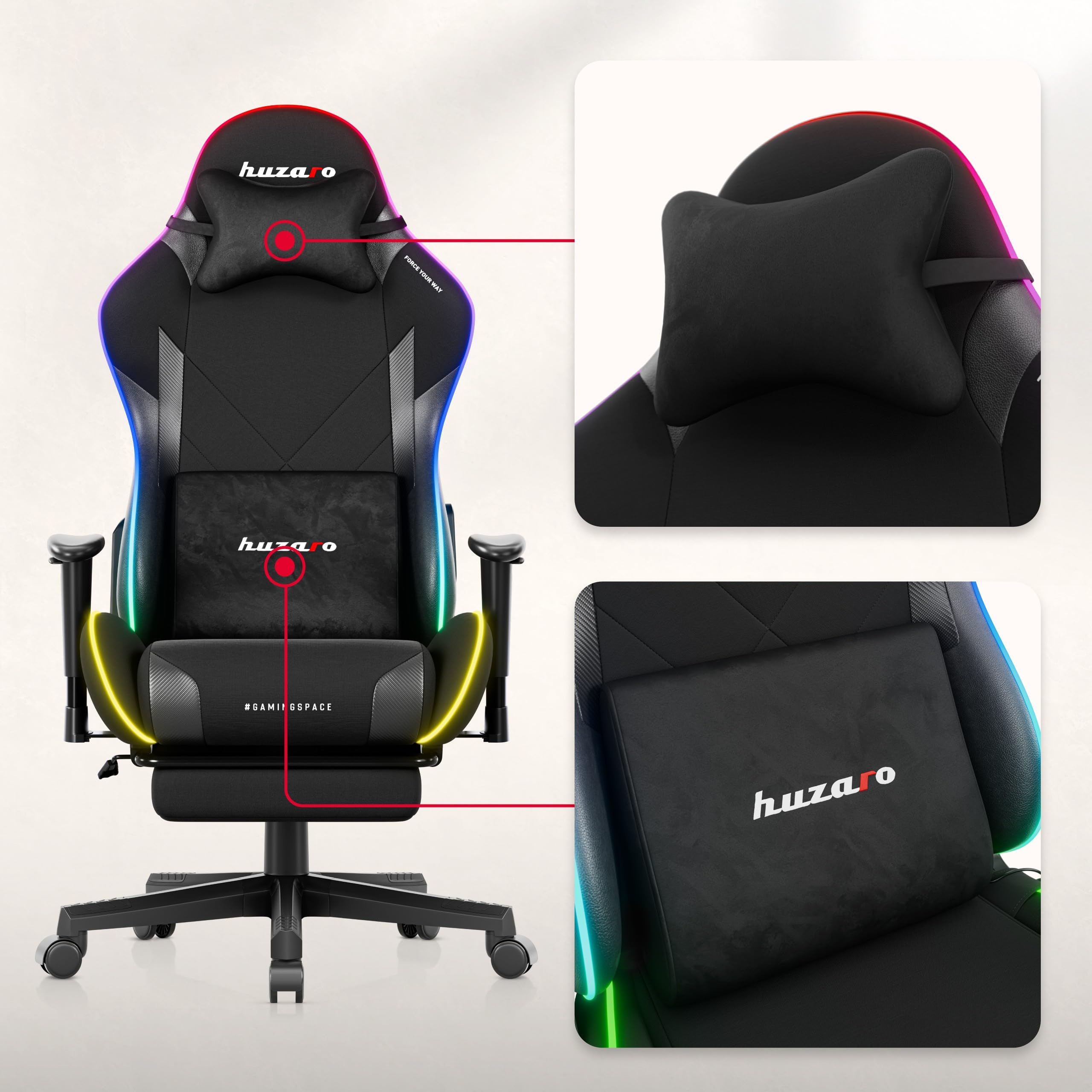 huzaro Force 5.7 krzesło biurowe z podnóżkiem, ergonomiczny fotel gamingowy, podparcie dla głowy i okolic lędźwiowych, regulowany fotel komputerowy, tkanina, kolor czarny RGB