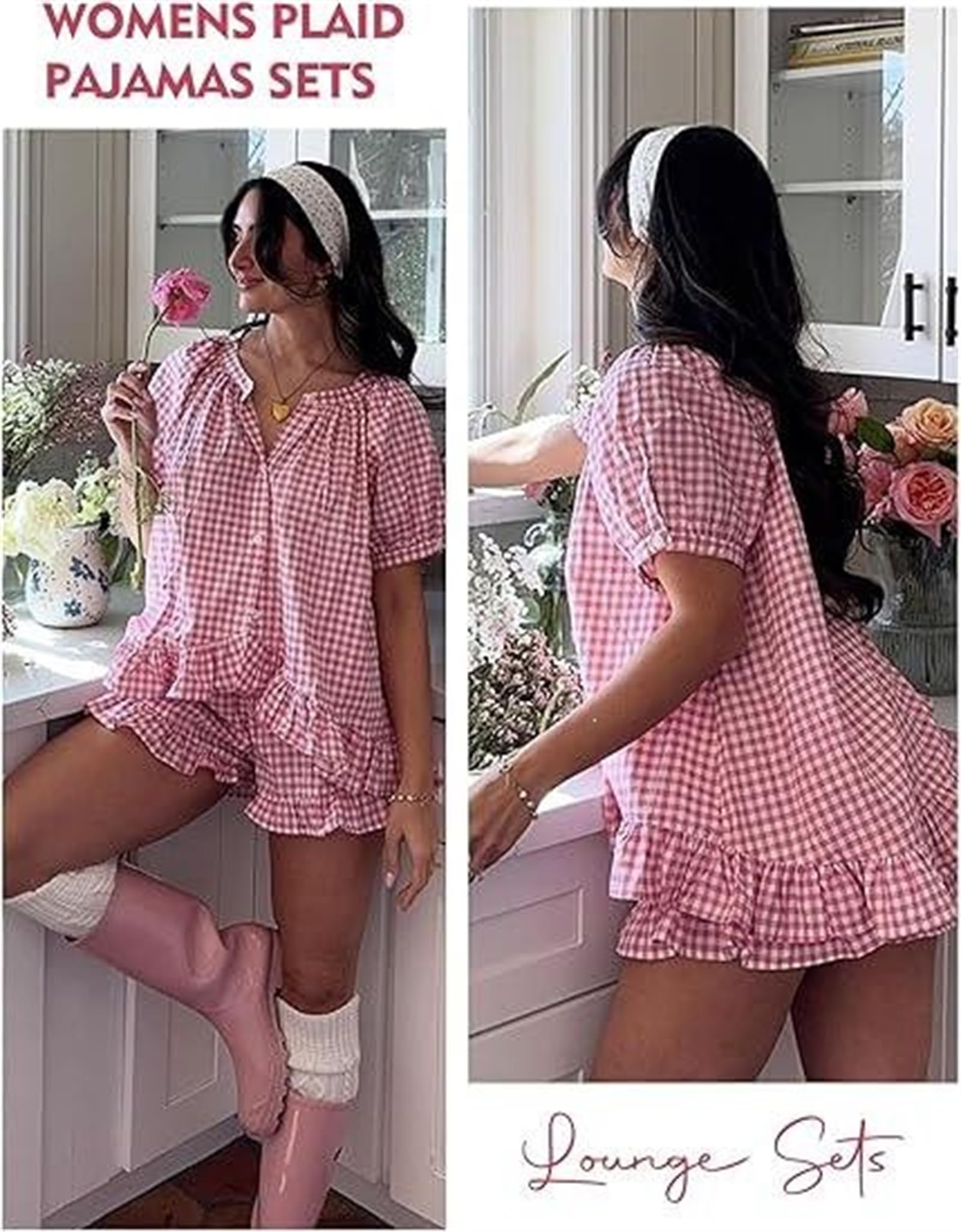 Generisch Damen 2 Stück Ruffle Pyjama Set Gingham Pjs Kurzarm Babydoll Shirt und Shorts Niedliche Sommer Outfits