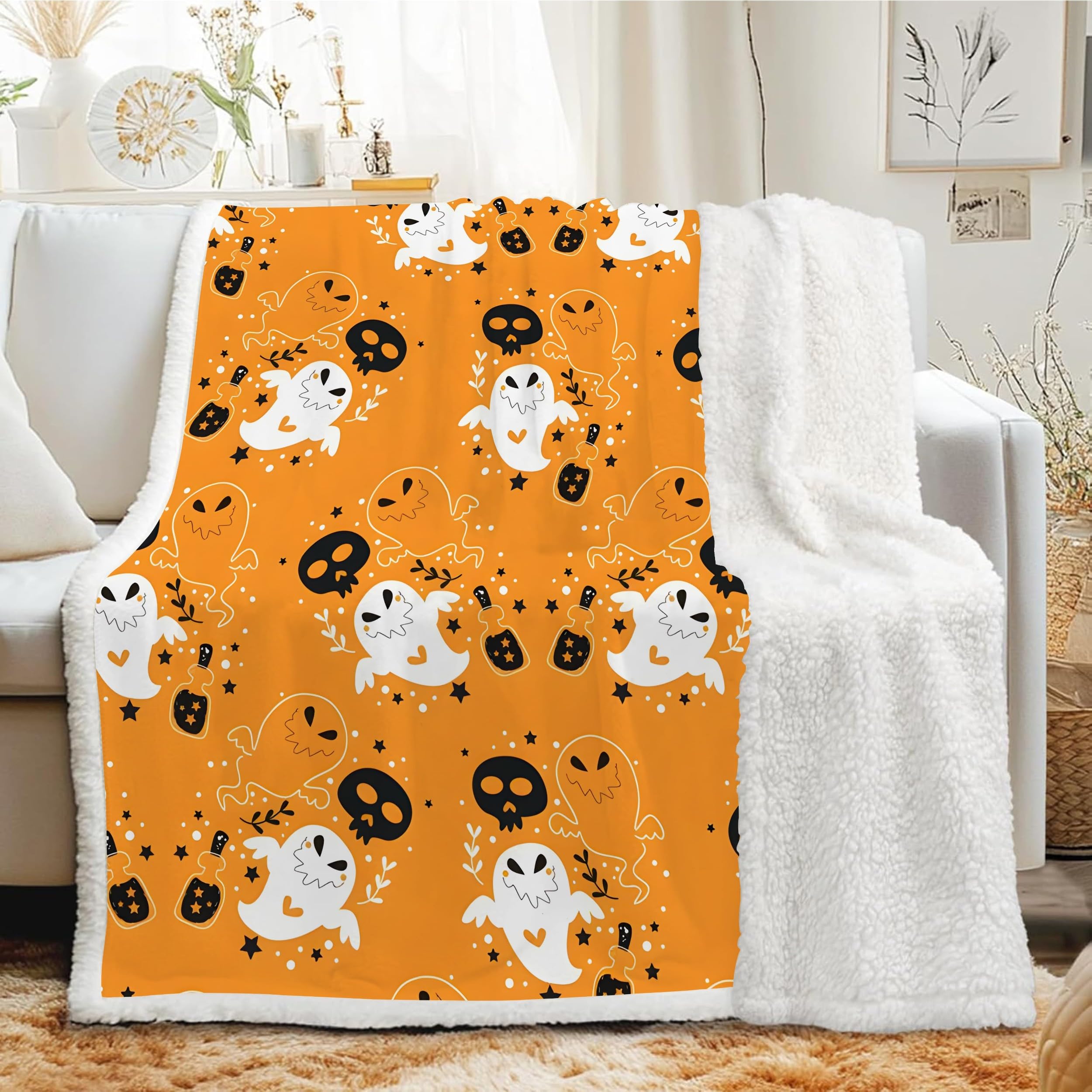 Halloween Geist Sherpa Kuscheldecke Flauschig 150x200 - Sofadecke
