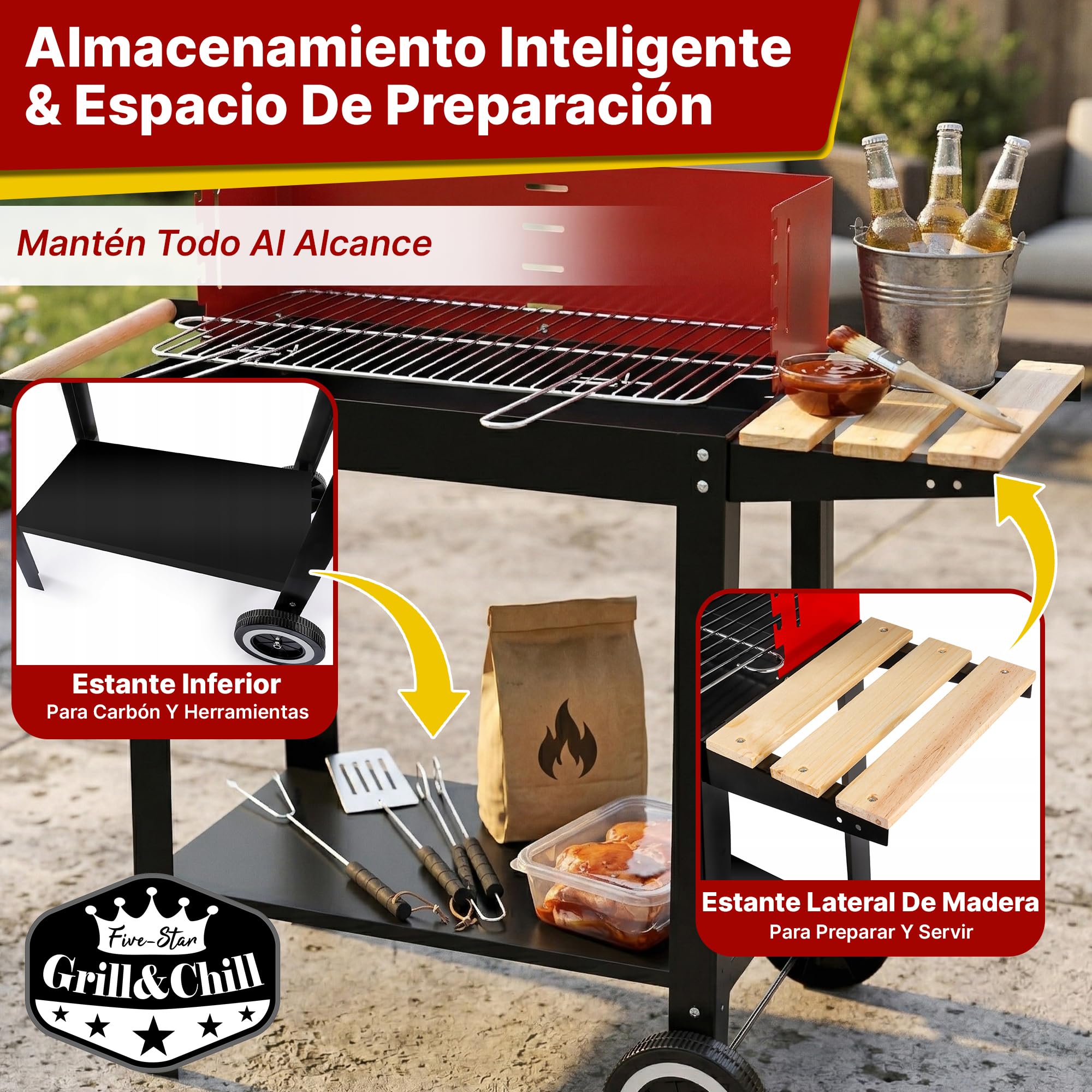 Five-Star Grill&Chill Barbacoa Carbon con Ruedas - para Jardín Exterior BBQ con Soportes Facil Movimiento, Estantes de Madera Plegable para Almacenar Comidas, parrilla cromada 50 × 26,5 cm, GC0010
