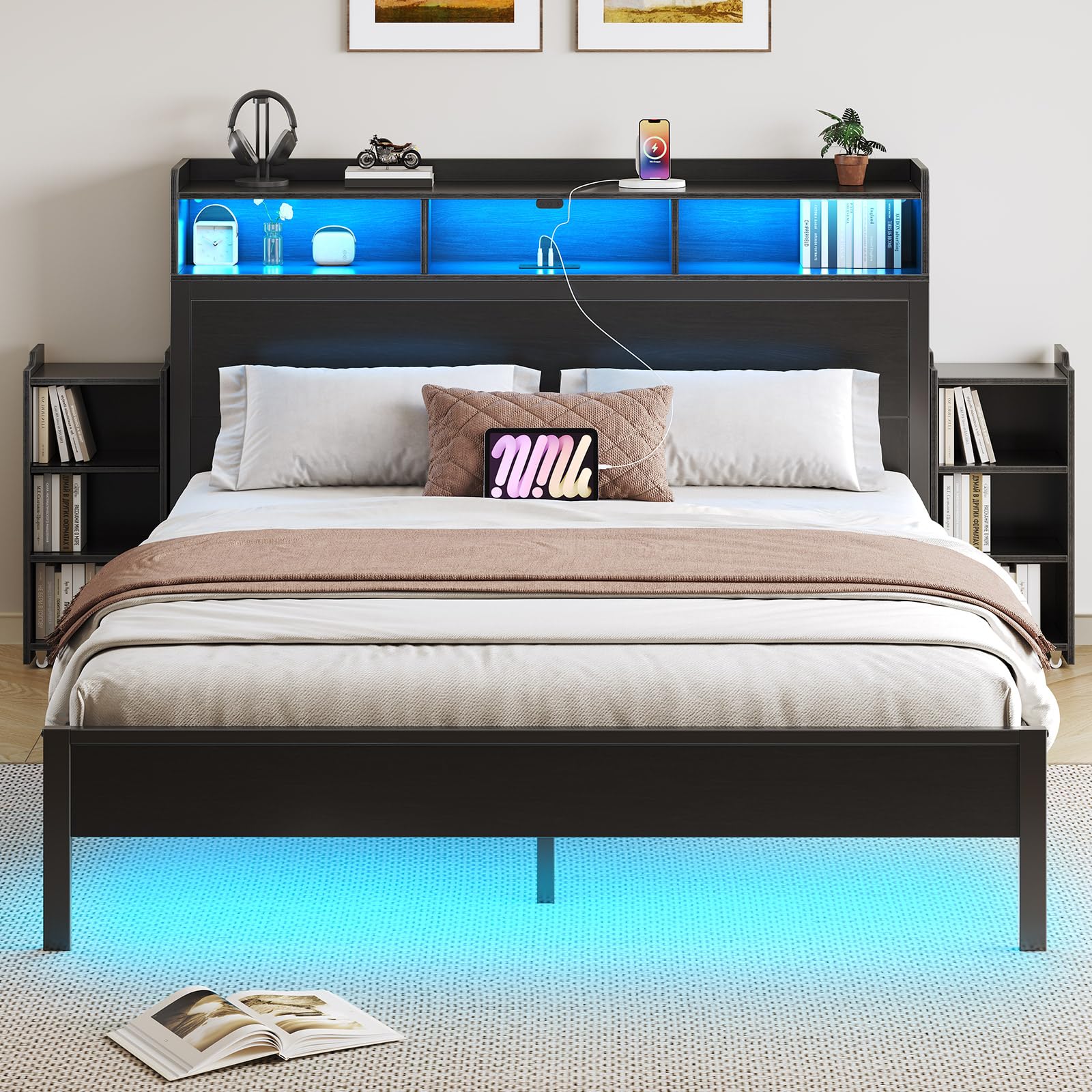 Rolanstar Bed Frame Queen Size with Bookcase Storage Headboard, Slide Out Bedside Storage, Bed with Charging Station & LED Lights, Heavy Duty Metal