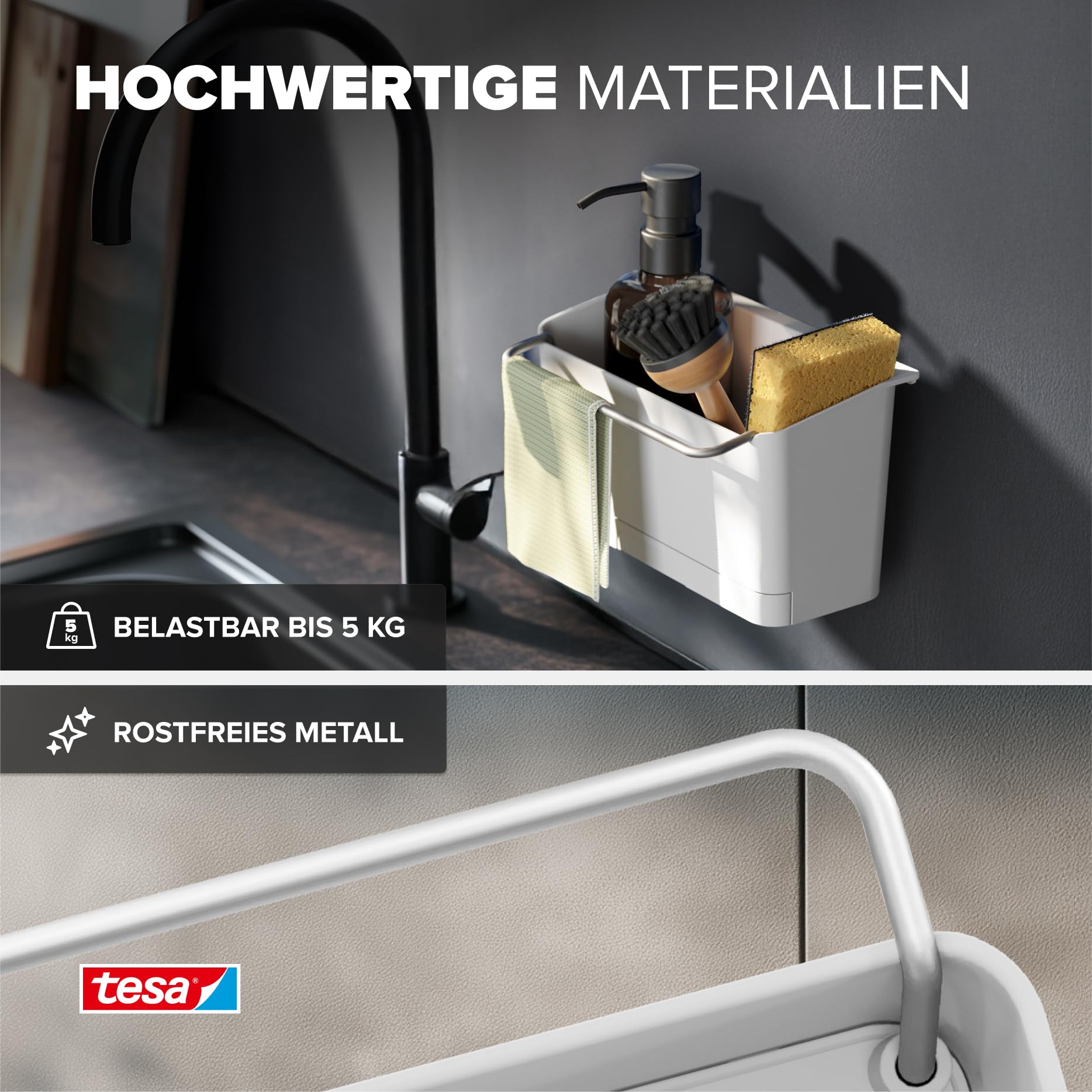 tesa Spülbecken-Organizer zum Kleben ohne Bohren – Schwammhalter Küche,Spülbürstenhalter & Spültuchhalter Spülbürste, Schwamm und Spüllappen - schmal – modernes Küchenzubehör Wandmontage – Weiß