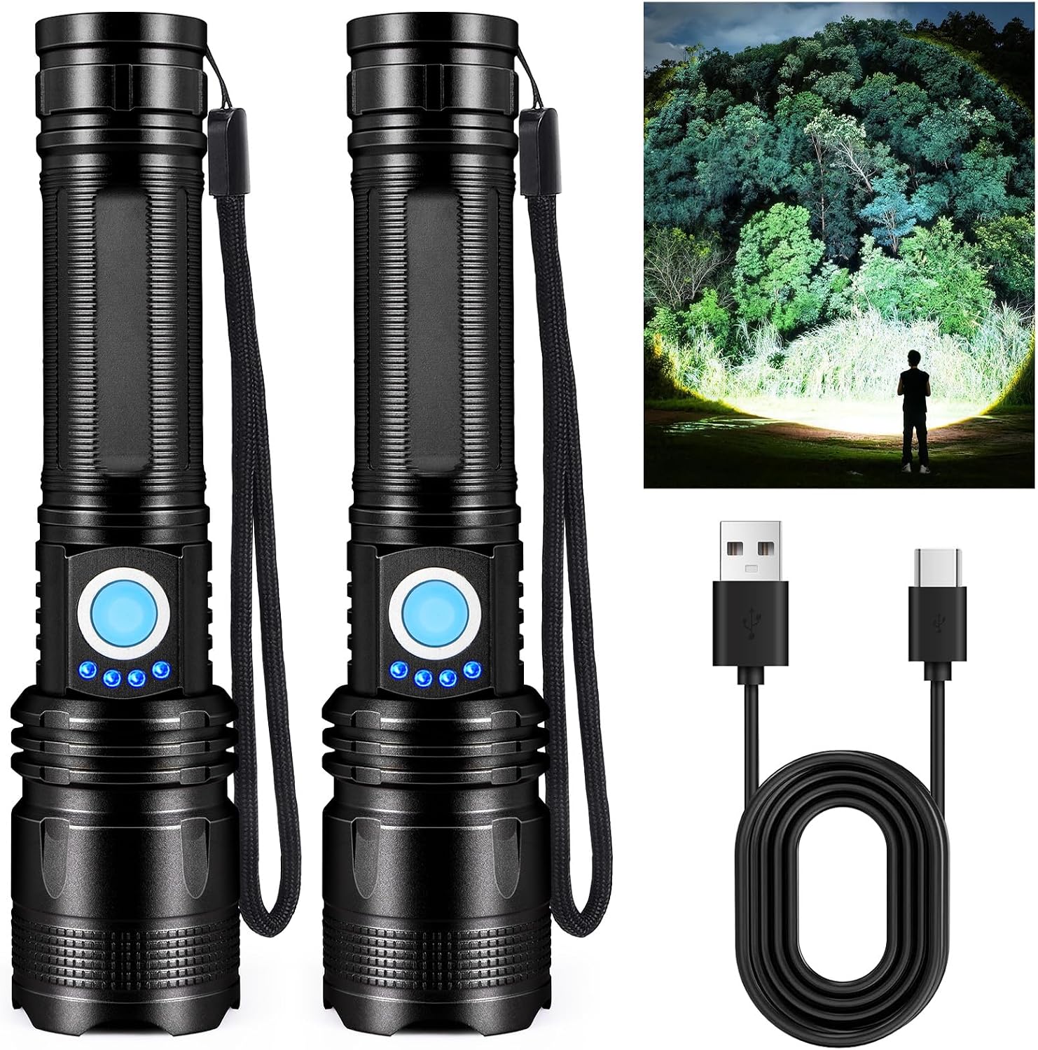 BERCOL Flashlights High Lumens Rechargeable - 2 Pack, Super Bright Flash Light with 5 Modes, IPX7 Waterproof Powerful LED Flashlight for Home, Outdoor, Camping