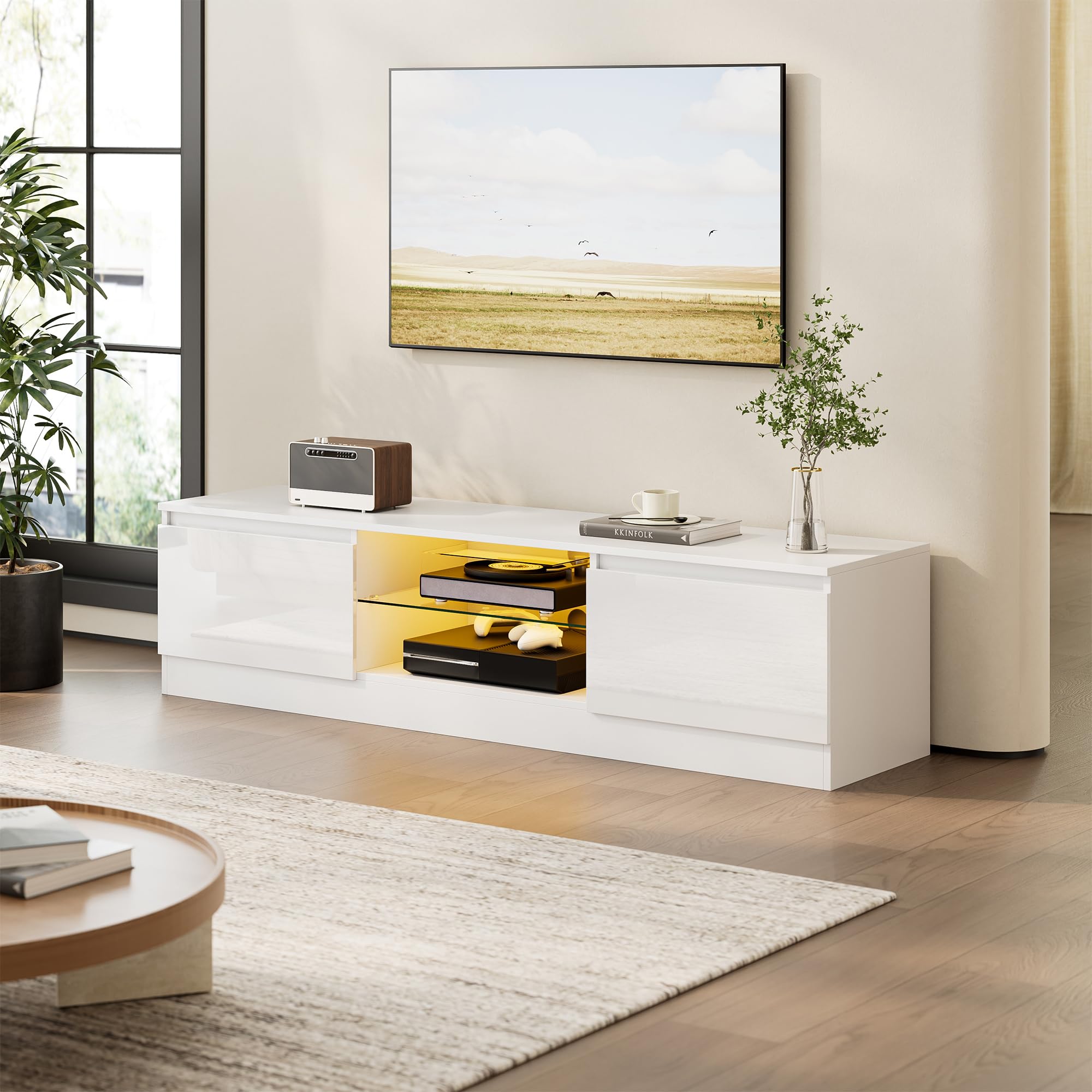 160 cm TV Schrank für Fernseher bis zu 70 Zoll, TV Board mit 16 Farben LED Beleuchtung und 2 Türen, Lowboard Stehend, Fernsehtisch für Schlafzimmer, Wohnzimmer, Esszimmer (Weiß)