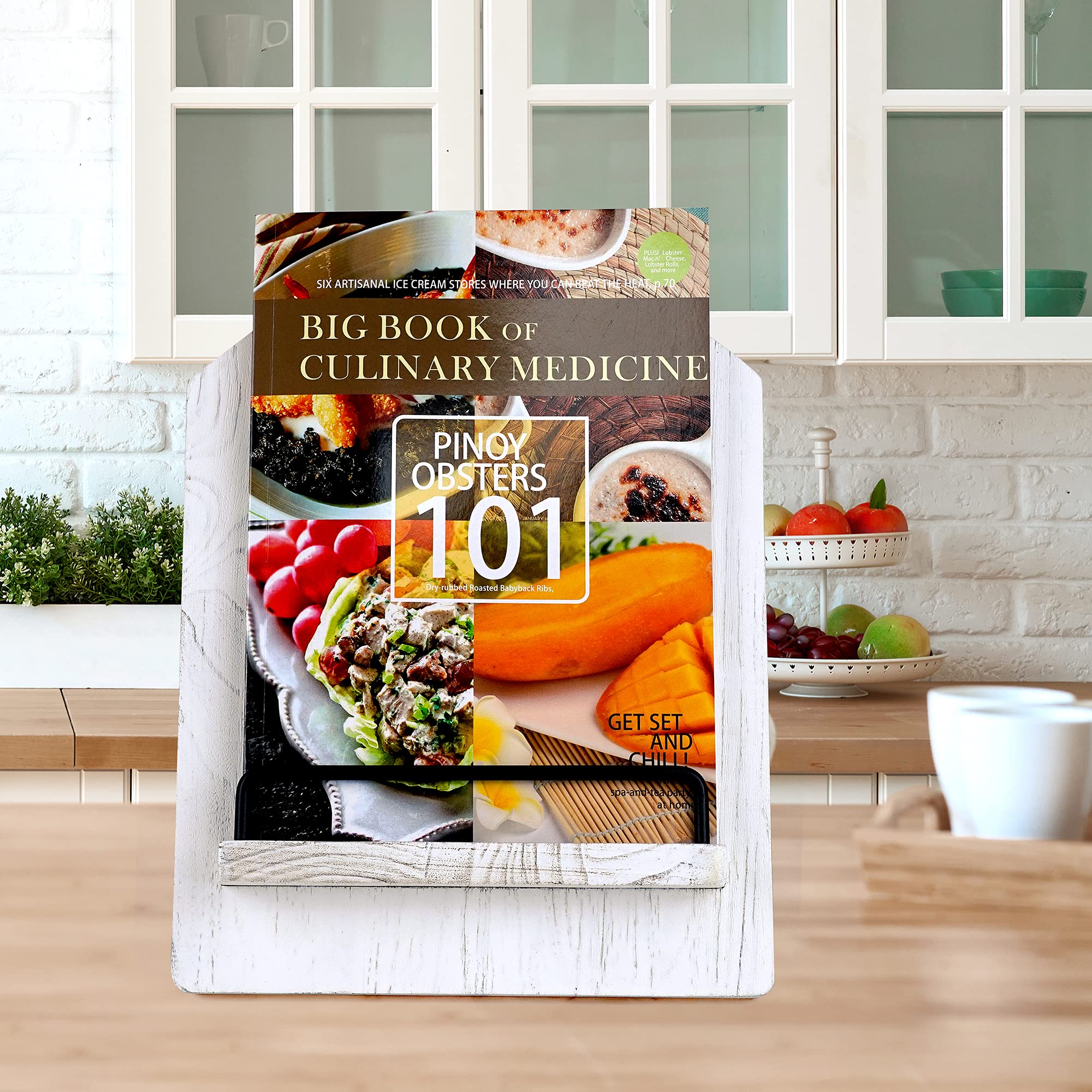 Cookbook Stand, Cutting Board Style Wood Recipe Holder Recipe Book Stand with Adjustable Pull-Out Stand, Rustic Cookbook Holder (Whitewashed)