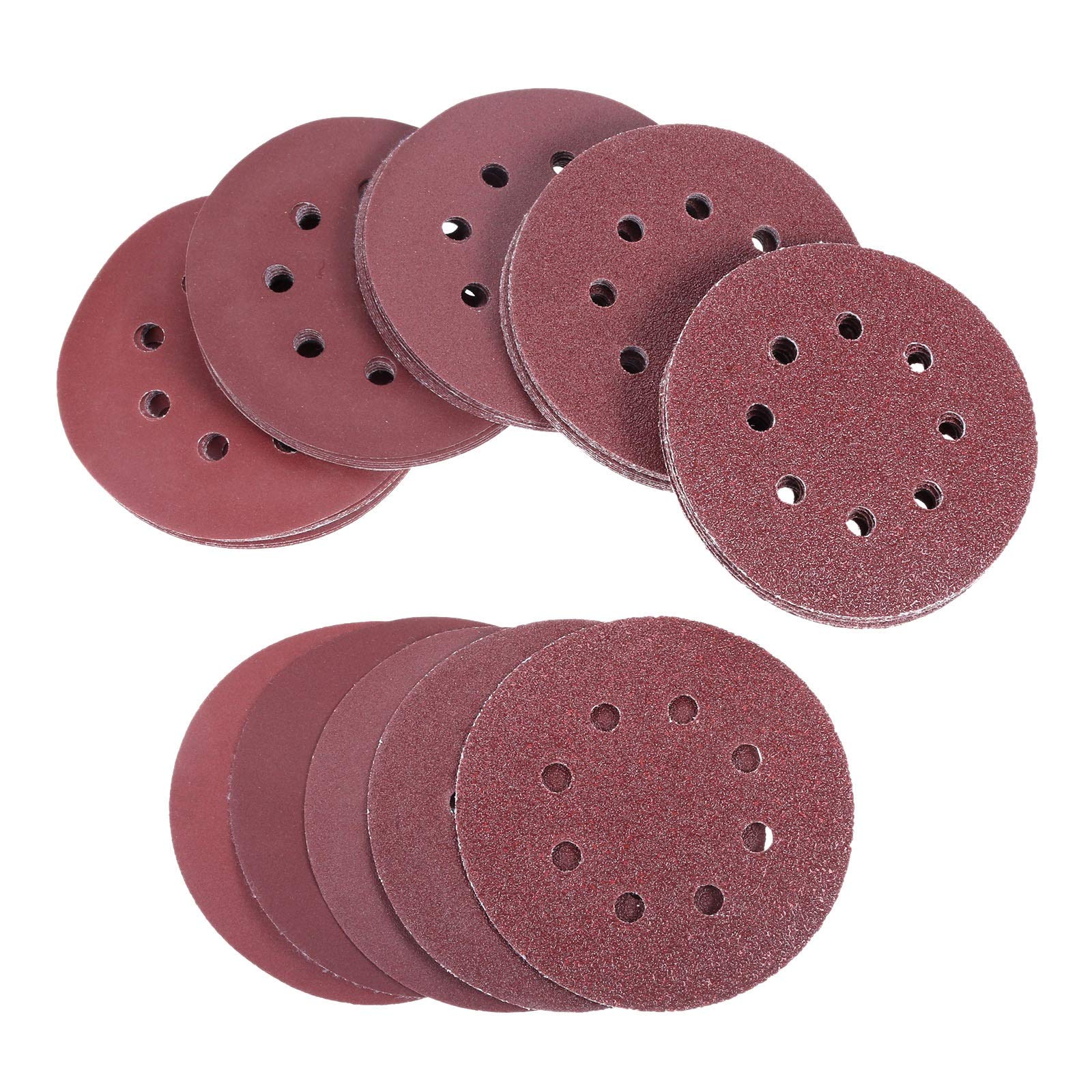 Papel de lija de lijadora 50pcs 5 pulgadas 125mm Ronda Discos de lijado pulido Hoja de papel de lija 8 Agujero de molienda for pulir 40-600 herramienta abrasiva Grit