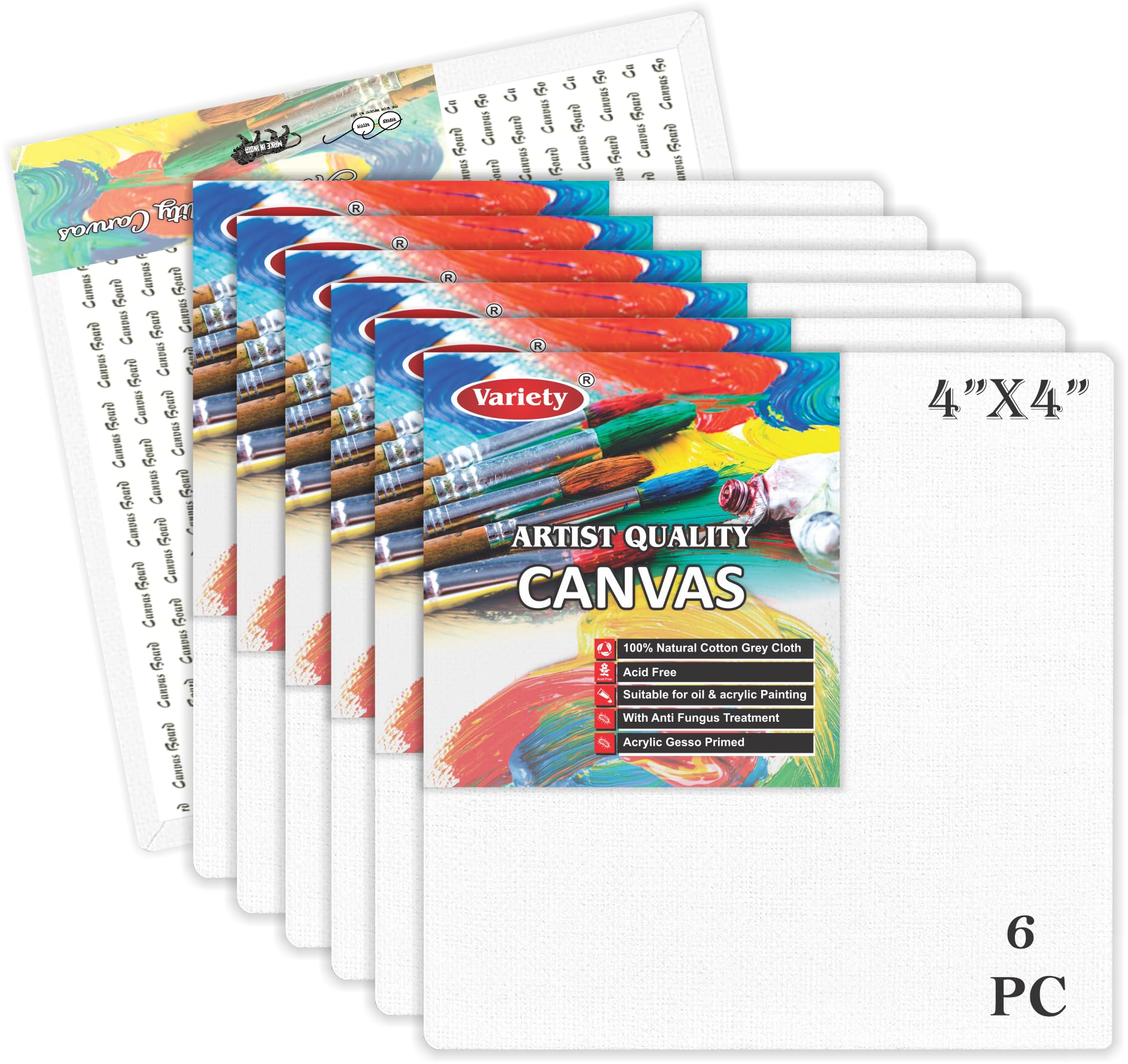 Variety 4 X 4 Inch Cotton Canvas Board for Painting, Pack of 6 Piece, White Color