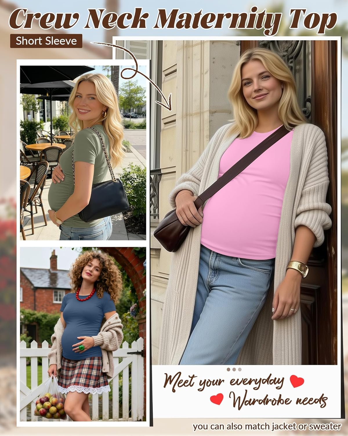 Huukeay 4 Pack Women's Maternity Shirts, Crew Neck Maternity Top Short Sleeve Casual Cotton Tee Side Ruched Pregnancy Clothes - Image 3