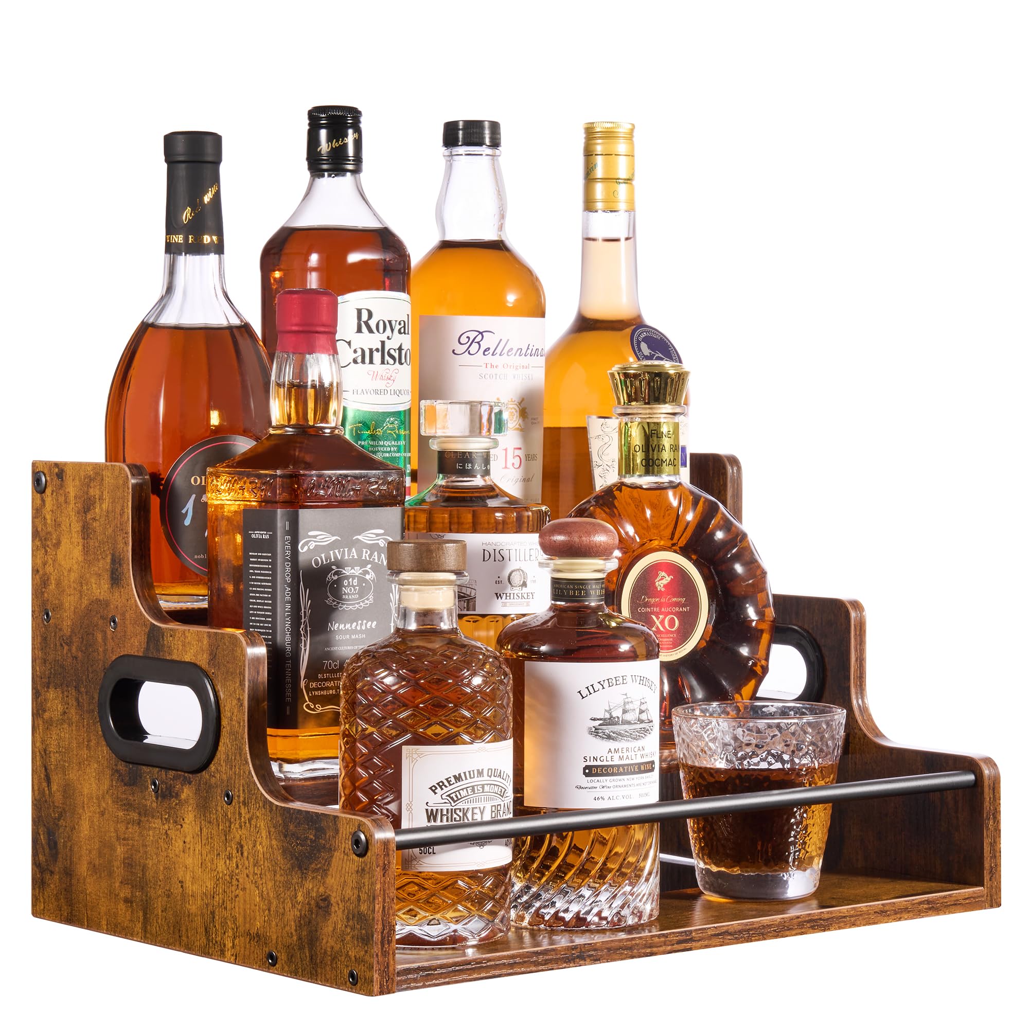 YQBRAO 3-Tier Liquor Bottle Display Shelf, 16-Inch, Rustic Brown