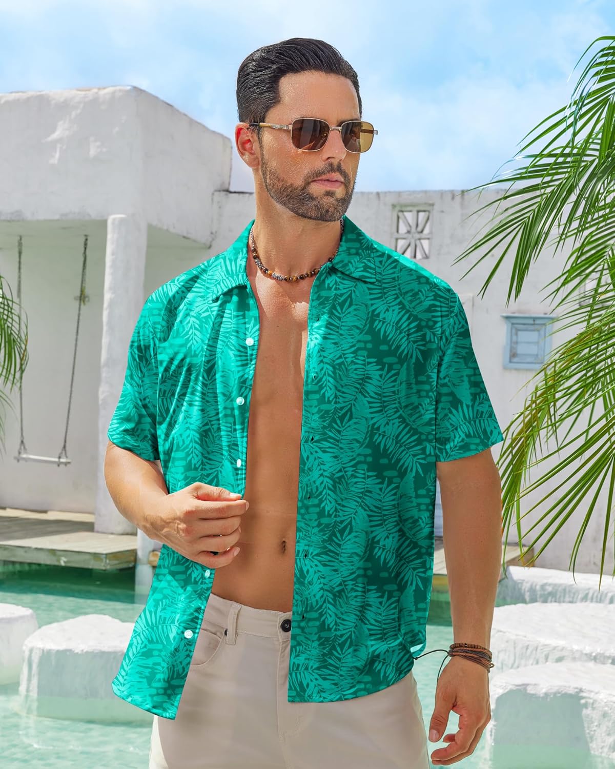 BOJIN Men's Hawaiian Wrinkle Free Short Sleeve Button Down Tropical Floral Beach Vacation Shirt - Image 2