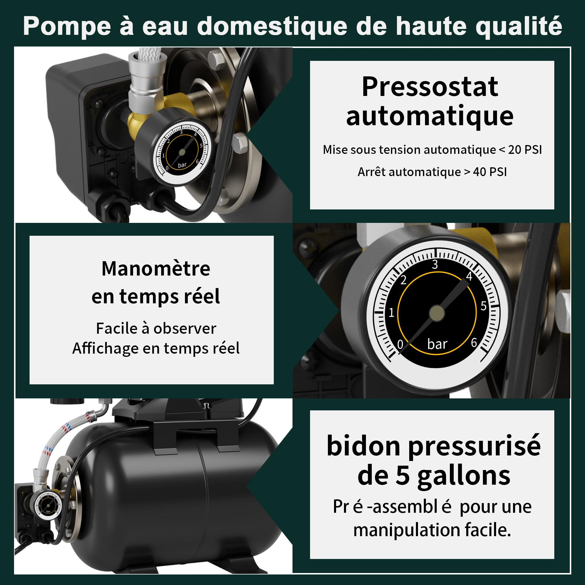 LANCHEZ Groupe Hydrophore 5000 L/H, Moteur 1300 W, Hauteur de Refoulement 50 m, Acier Inoxydable, Pompe de Surpression avec Réservoir 19L et Manomètre, Filtre, Raccord d'Eau et Vidange