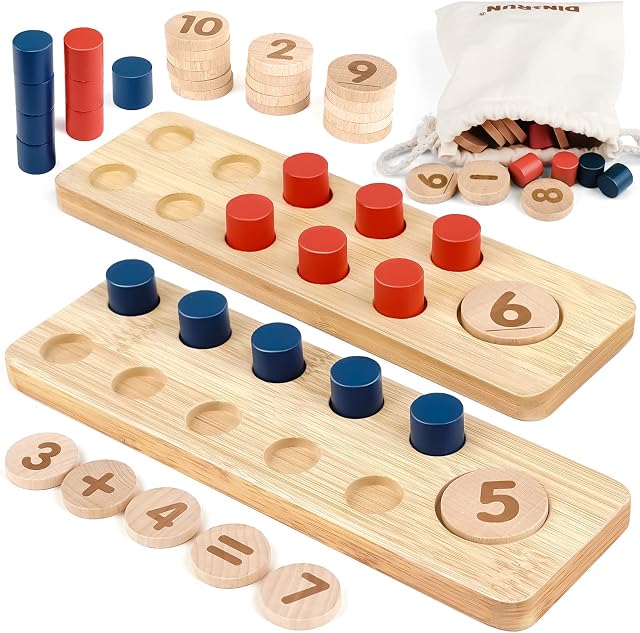 DINORUN Montessori Toys Counting Pegs Wooden Toys with Storage Bag Math Games Addition and Subtraction within 20 Educational Toys for 3 4 5 6 Year Olds Boys and Girls