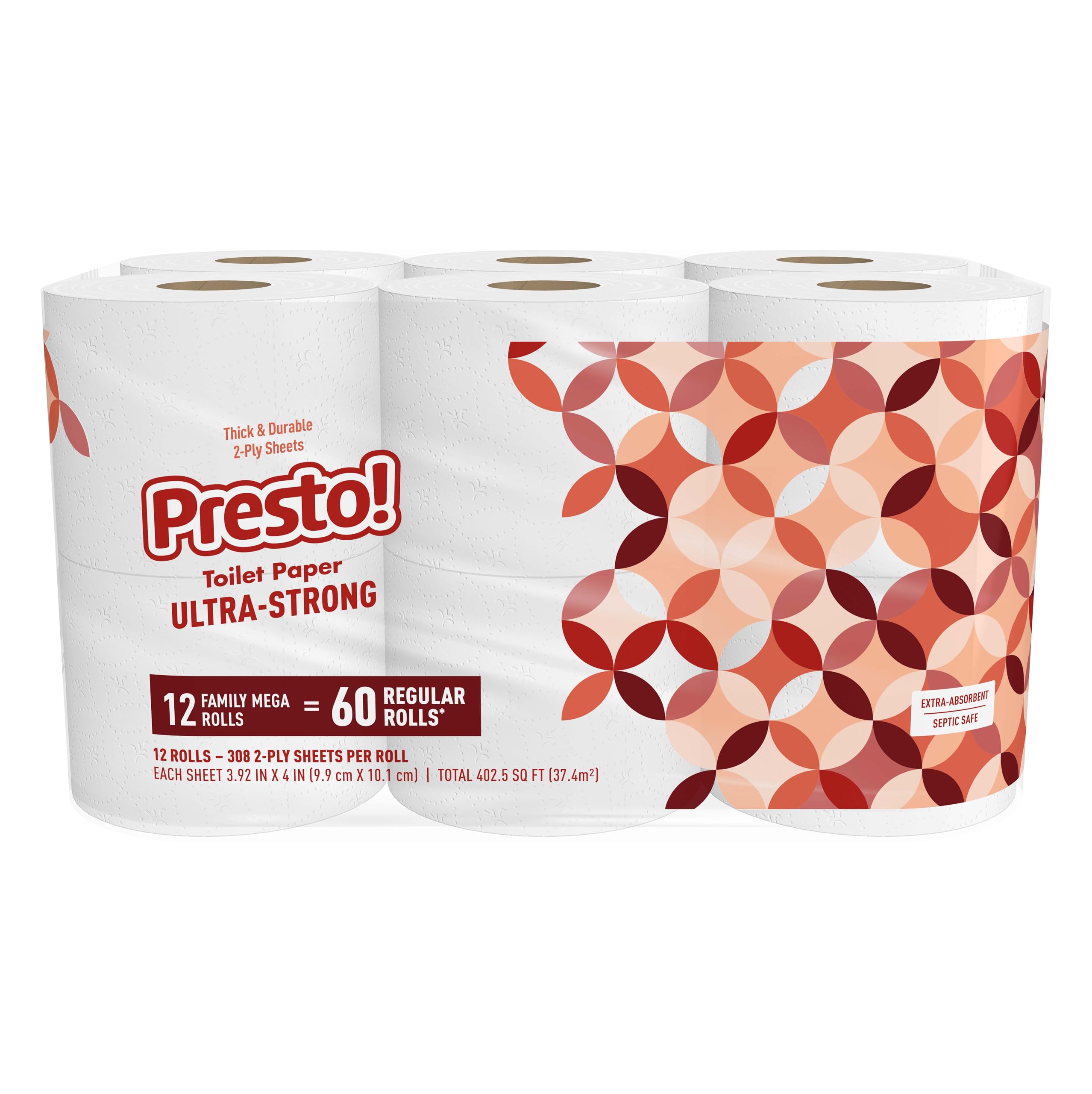 Papel higiénico ultrarresistente de doble capa Presto! de Amazon, 12 rollos grandes (paquete de 12), 60 rollos regulares, 308 hojas, sin perfume
