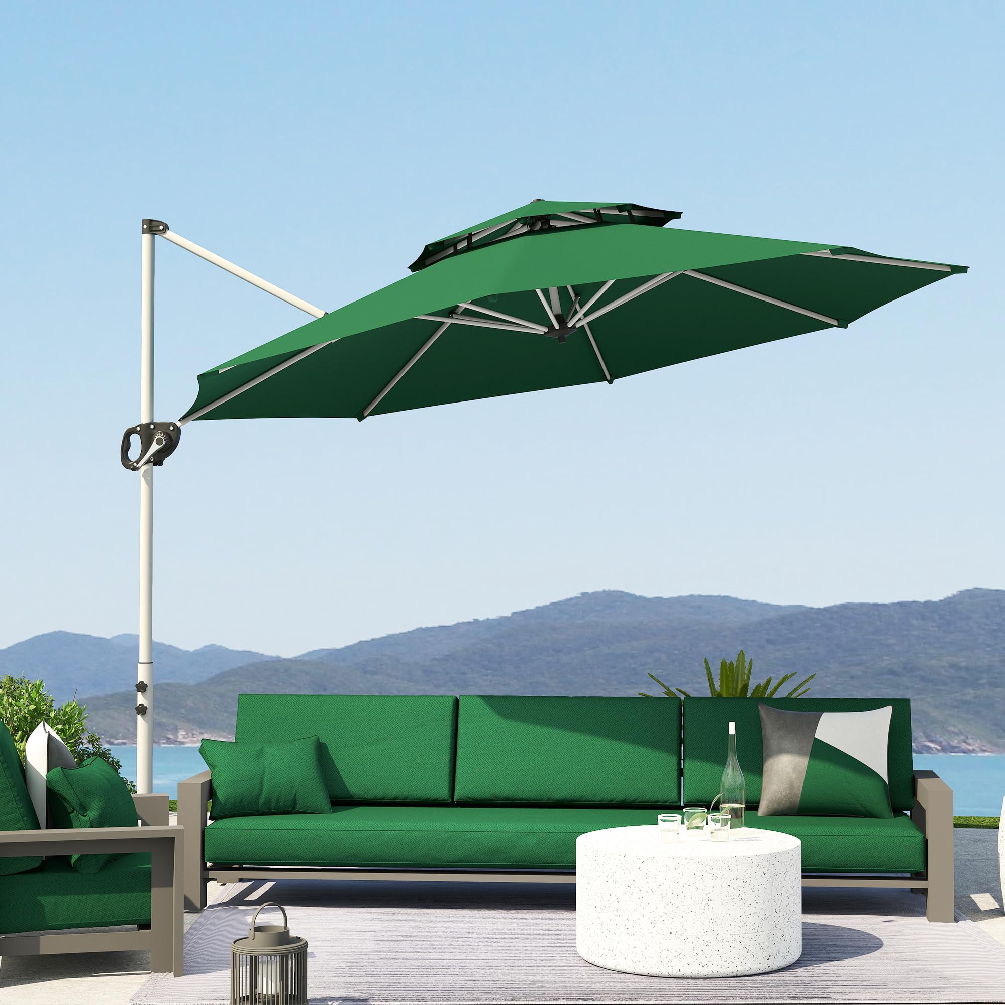 Outsunny Sombrilla de Jardín Ø292 cm Parasol Excéntrico con Manivela Giratorio 360° Inclinación Ajustable Doble Techo y Base Cruzada Sombrilla para Terraza Exterior Patio