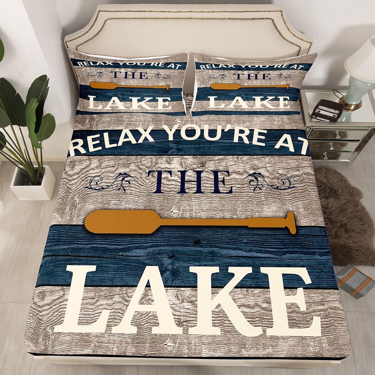 Erosebridal Lake Paddle Decor Sheets Full, Lake House Decor Bed Sheets Set for The Home Rustic Farmhouse Old Barn Sheet Set Brown Dark Blue Wooden Planks Top Sheet with 2 Pillow Cases