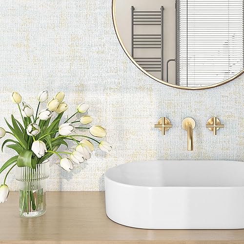 Miniatura 3 de FunStick Papel tapiz autoadhesivo de tela azul dorado para despegar y pegar, papel de contacto de tela azul para armarios y paredes, rollo de papel