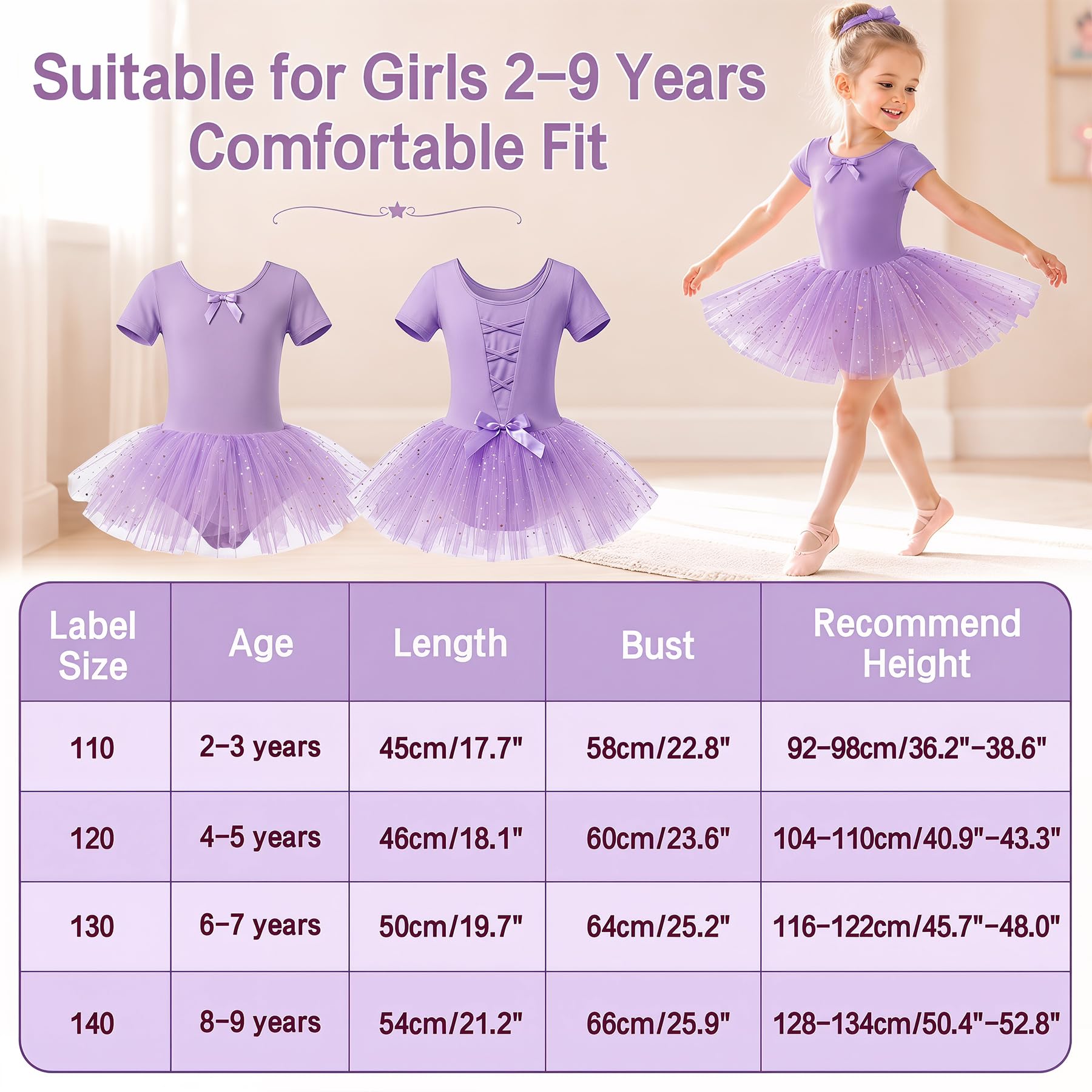 JinBei Robe Ballet Fille Coton Justaucorps avec Jupe Tutu Paillettes Manches Courtes Tutu Danse Classique Filles Confortable Costume Enfant pour Spectacle Compétition Quotidien, 2-9 Ans