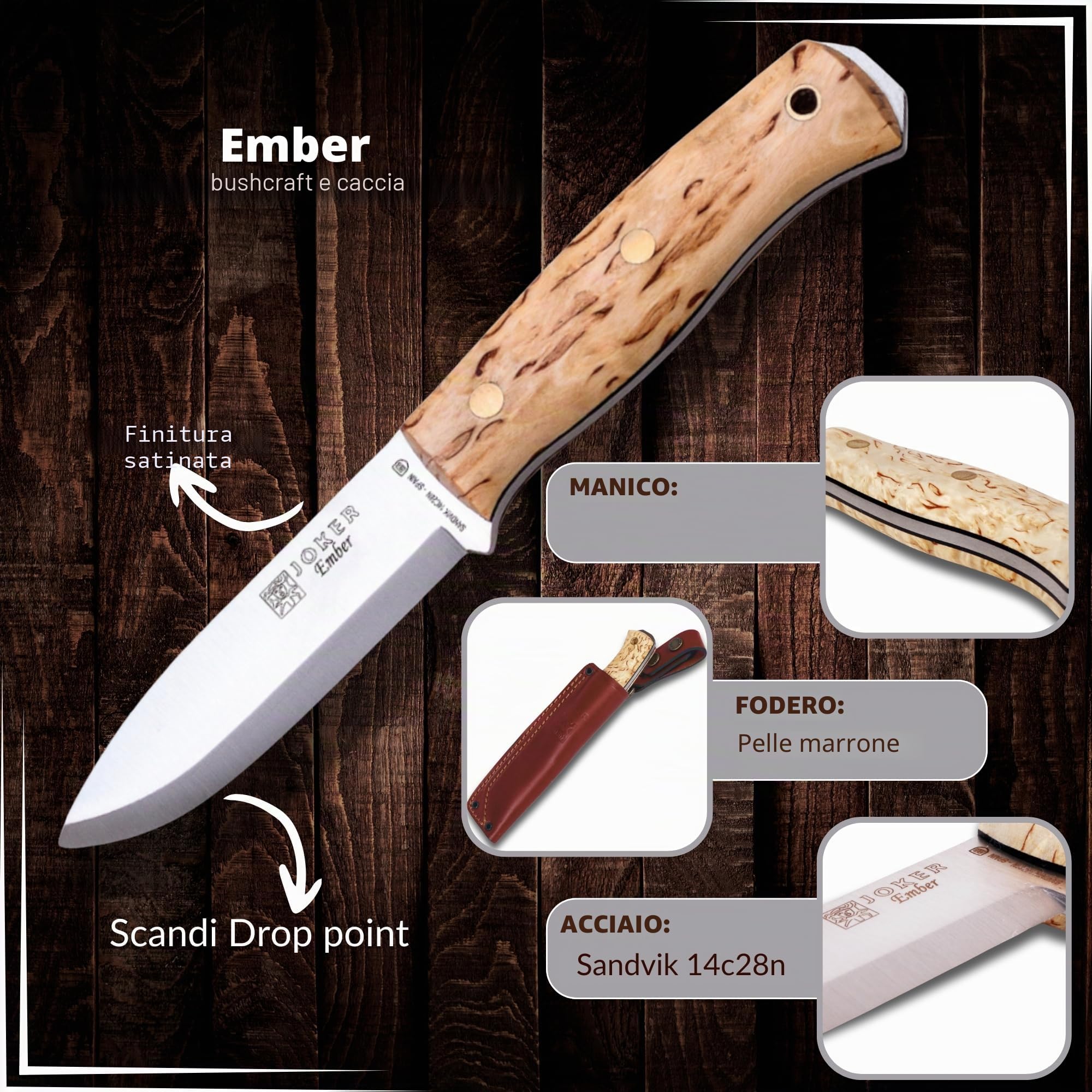joker Coltello da caccia Ember Scandi CL122, lama da 10,5 cm in acciaio Sandvik 14C24N, mango betulla riccia, fodero in pelle, per la pesca, la caccia, il campeggio e l'escursionismo