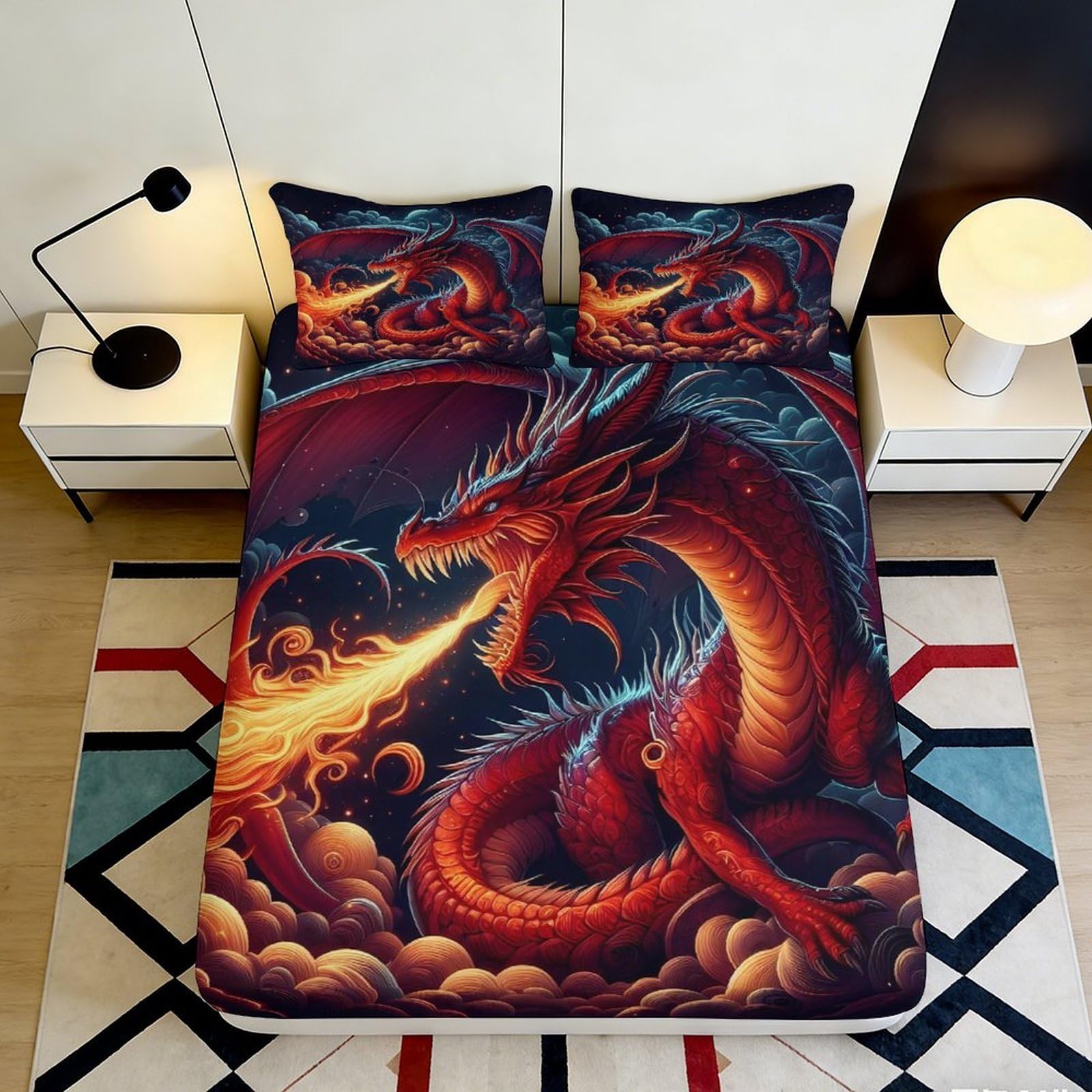 Pnayamiorkfel Style-9 3D Printed Fire Dragon Fitted Sheet Microfiber Soft Breathable Fantasy Red Dragon Bed Cover Bedroom Decor 90X200x25cm