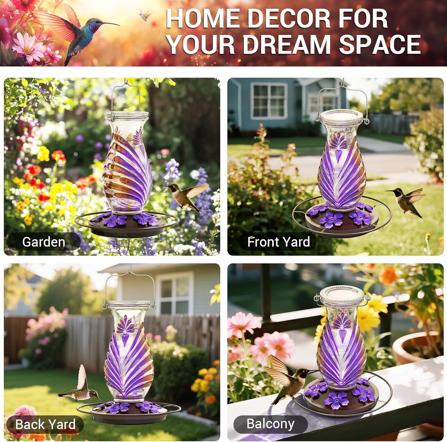 Hummingbird Feeder for Outdoors, 24oz Glass Nectar Feeder with Perch & 5 Flower Feeding Ports, Leakproof Hanging Bird Feeder for Garden Yard Decor, Outside Gifts for Women & Mom, Lavender