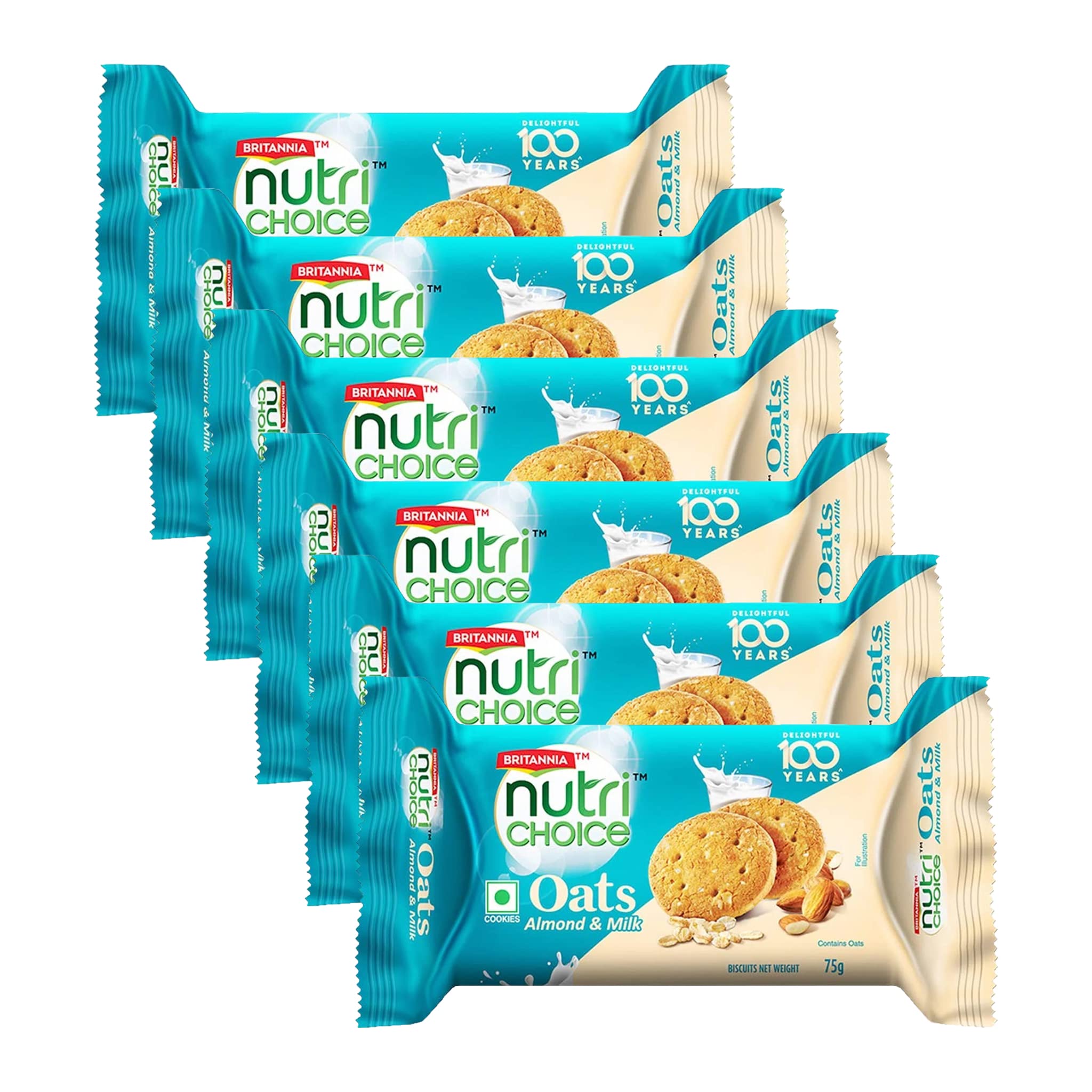 Britannia NutriChoice Oats Almond Milk 2.64oz (75g) - Crispy, Crunchy Tea Moments - Breakfast & Tea Time Snacks (Pack of 6)