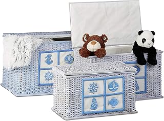 Relaxdays 10021115 Set di 3 Cesti in Rattan Scatole Portaoggetti con Motivi Marittimi Contenitori Decorativi con Stoffa Celeste