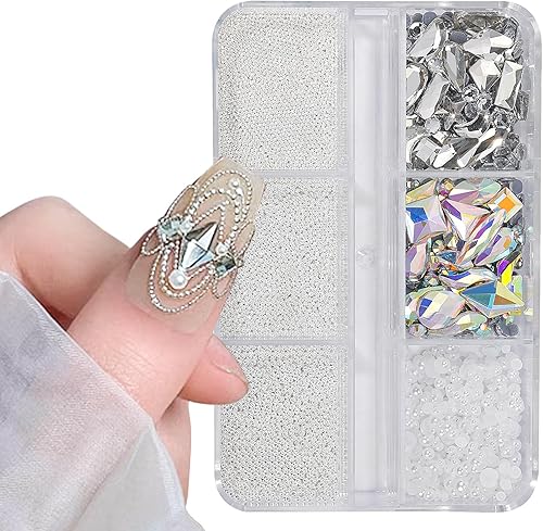 Dijes de arte de uñas 3D, cuentas de micro caviar plateadas, diamantes de imitación para uñas acrílicas, tamaño mixto, diamantes de imitación de