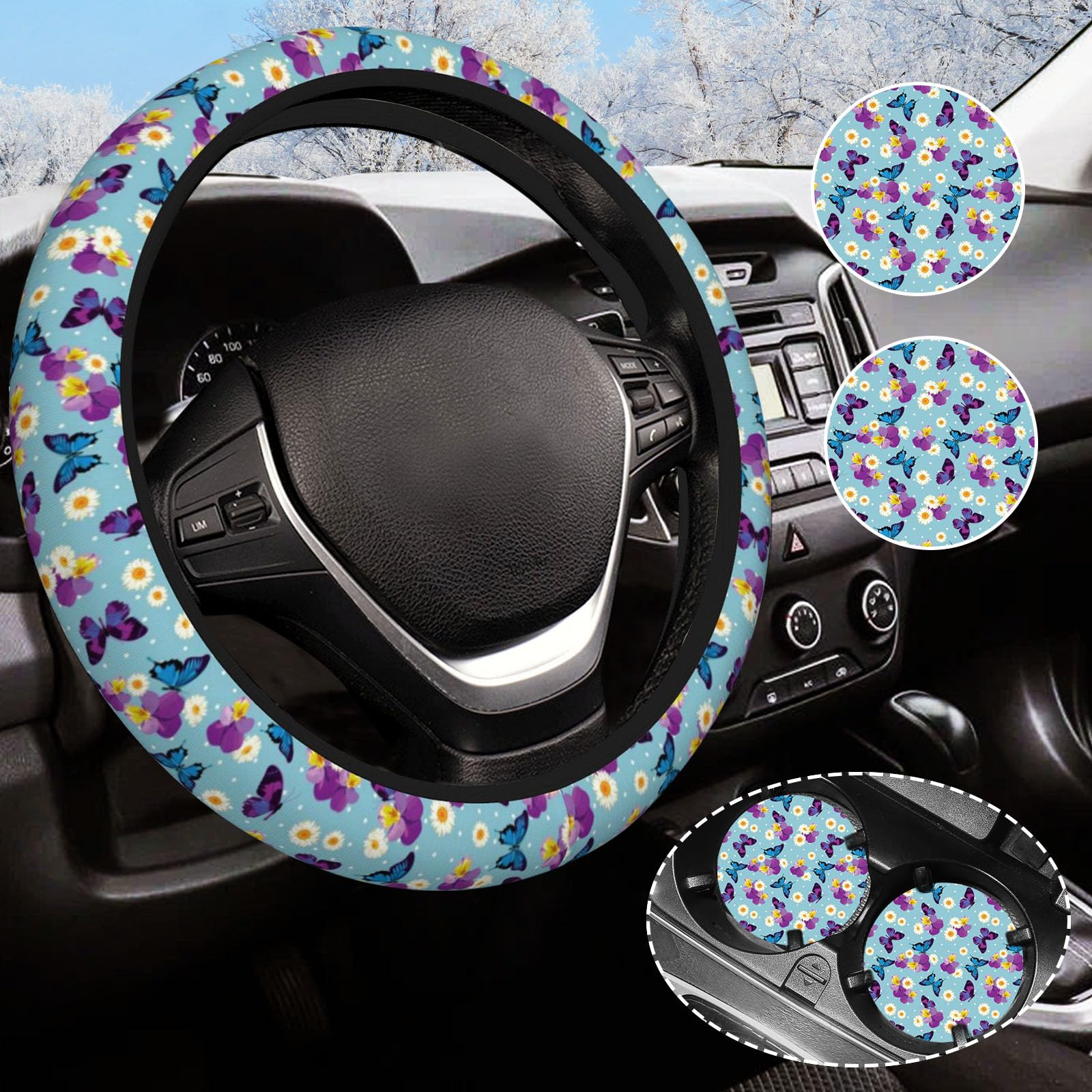 Blue Butterfly Steering Wheel Cover for Women Men with 2 Pcs Car Coasters, Universal 14.5-15 Inch Cute Steering Wheel Covers Non-Slip Car Accessories
