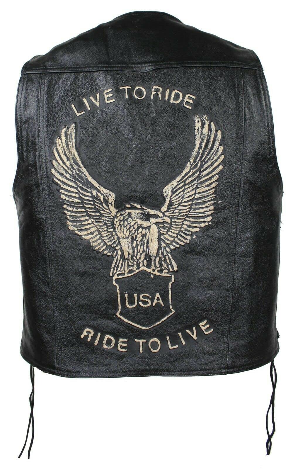 EURO STARS Lederweste Herren mit Druckknopf und Beige Adler-Prägung, Lederkutte, Motorrad Lederweste, Biker Lederweste, Clubweste, Chopper Kutte, Rockerweste, Kutte