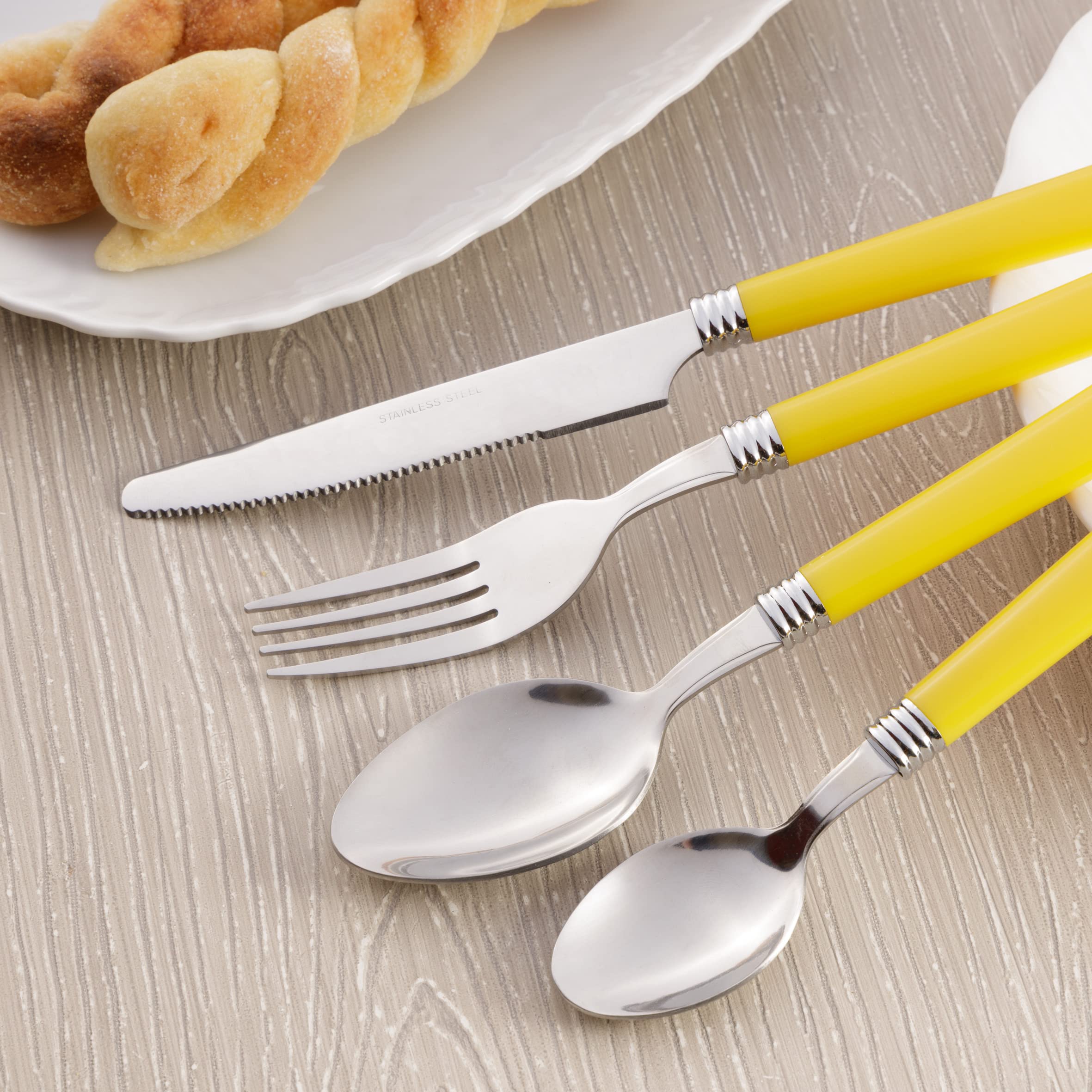 Set Posate Baroni Home 24 Pezzi In Acciaio Inox - Con Manico Giallo, Per 6 Persone, Lavabile In Lavastoviglie - Foto 9