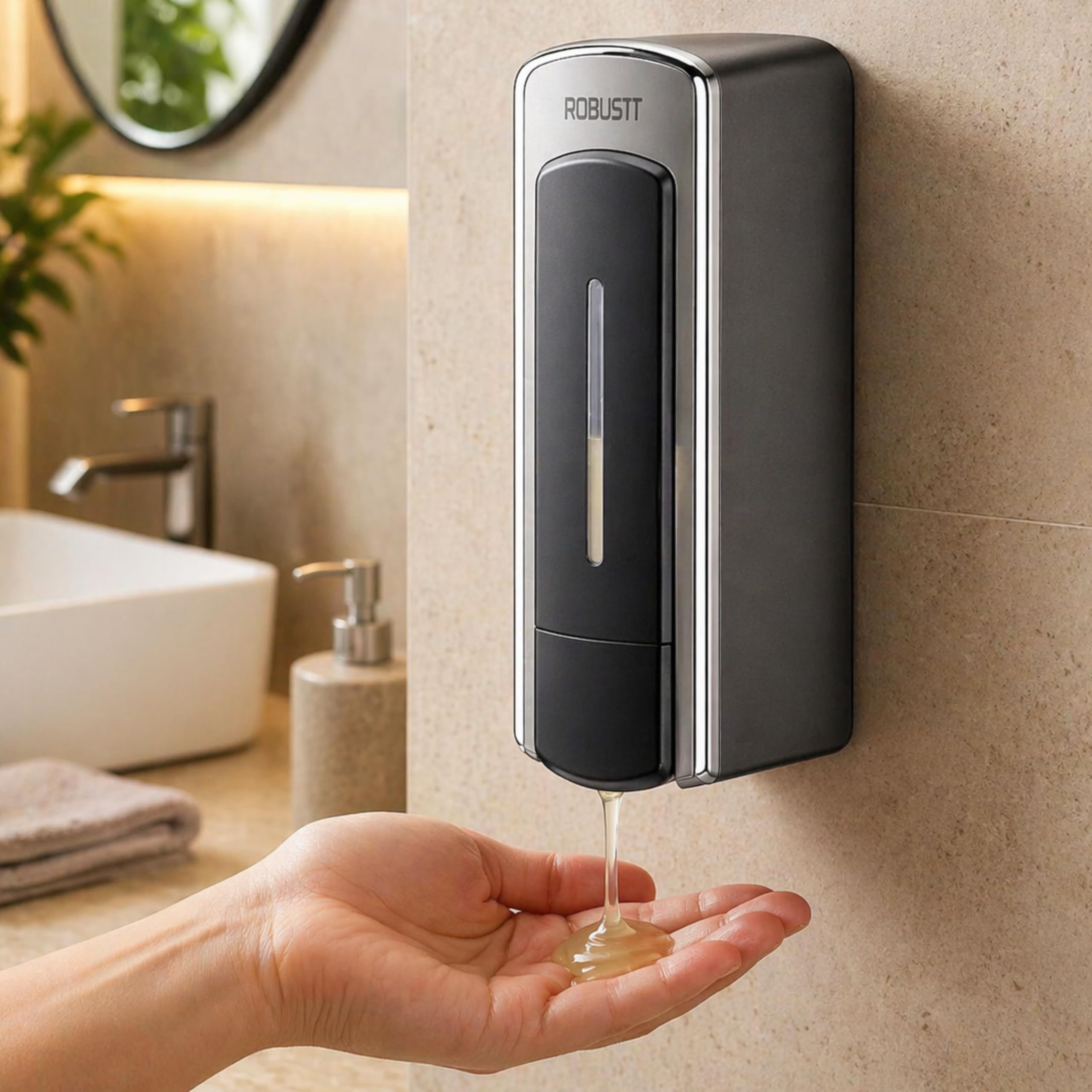 Robustt Manual Wall Mounted Liquid Soap Dispenser - Chrome (350 ml, Pack of 1) Leak-Proof, Transparent Window, Easy Installation - Ideal for Bathroom, Kitchen, Hotels, Offices-image-12