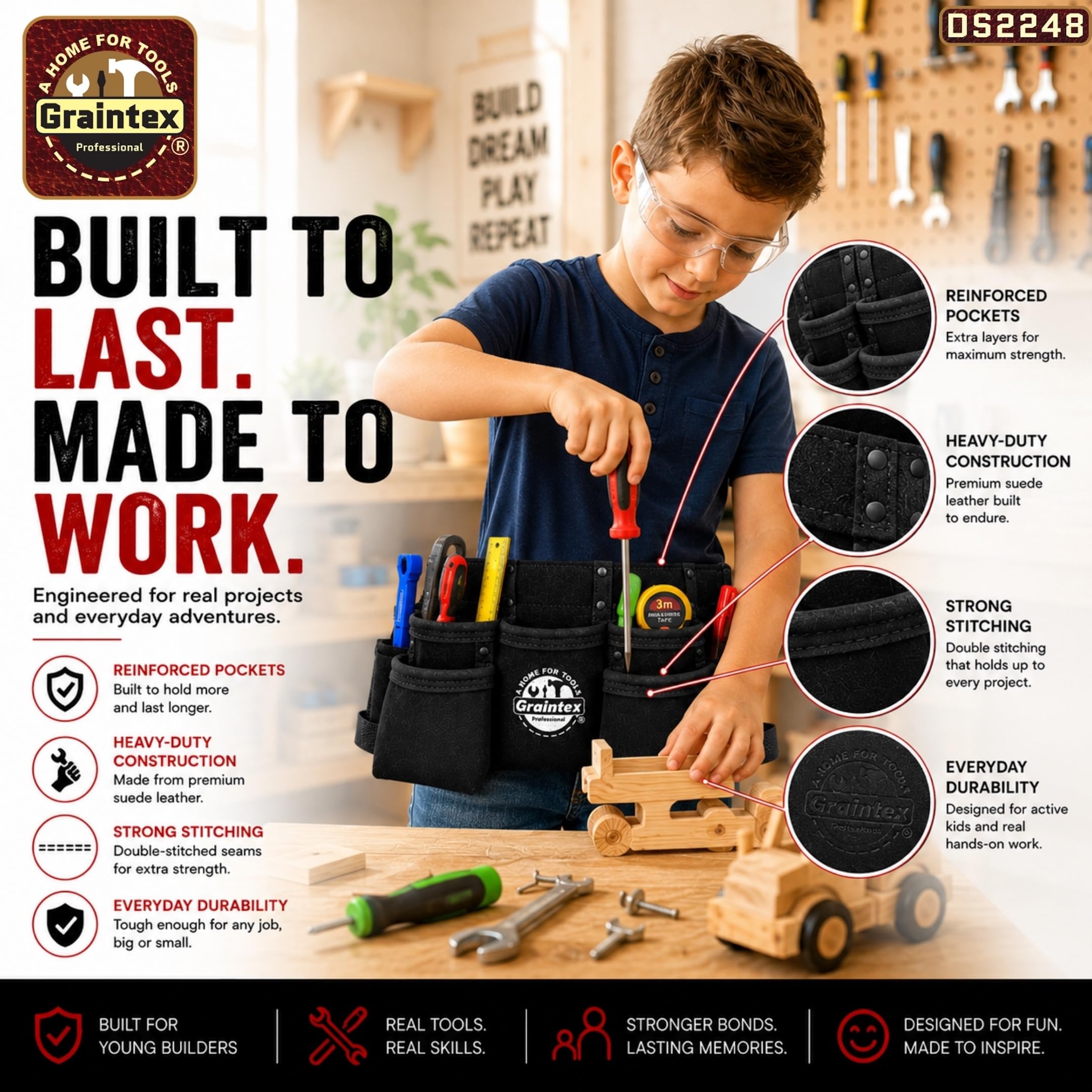 Graintex DS2248 Delantal de trabajo para niños con 9 bolsillos, color negro, piel de ante con cinturón de cuero de 1.1/2 pulgadas, 2 trabillas para soportes de martillo