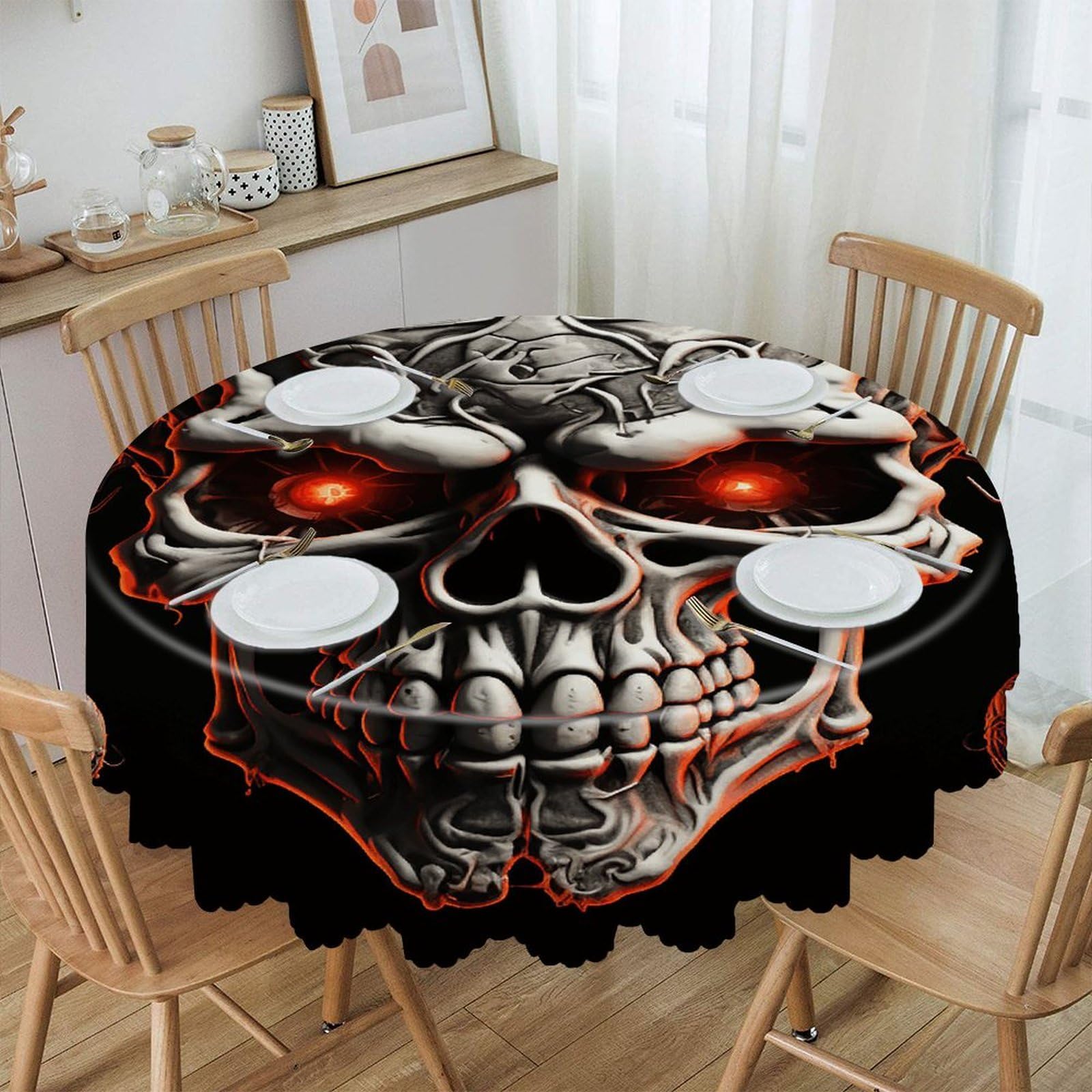 FekiLoot Evil Skull Round Tablecloths 60 Inch Resistant Washable Polyester Table Cloth Style Decorative Circle Fabric Table Cover for Dining Kitchen Party Farmhouse Outdoor