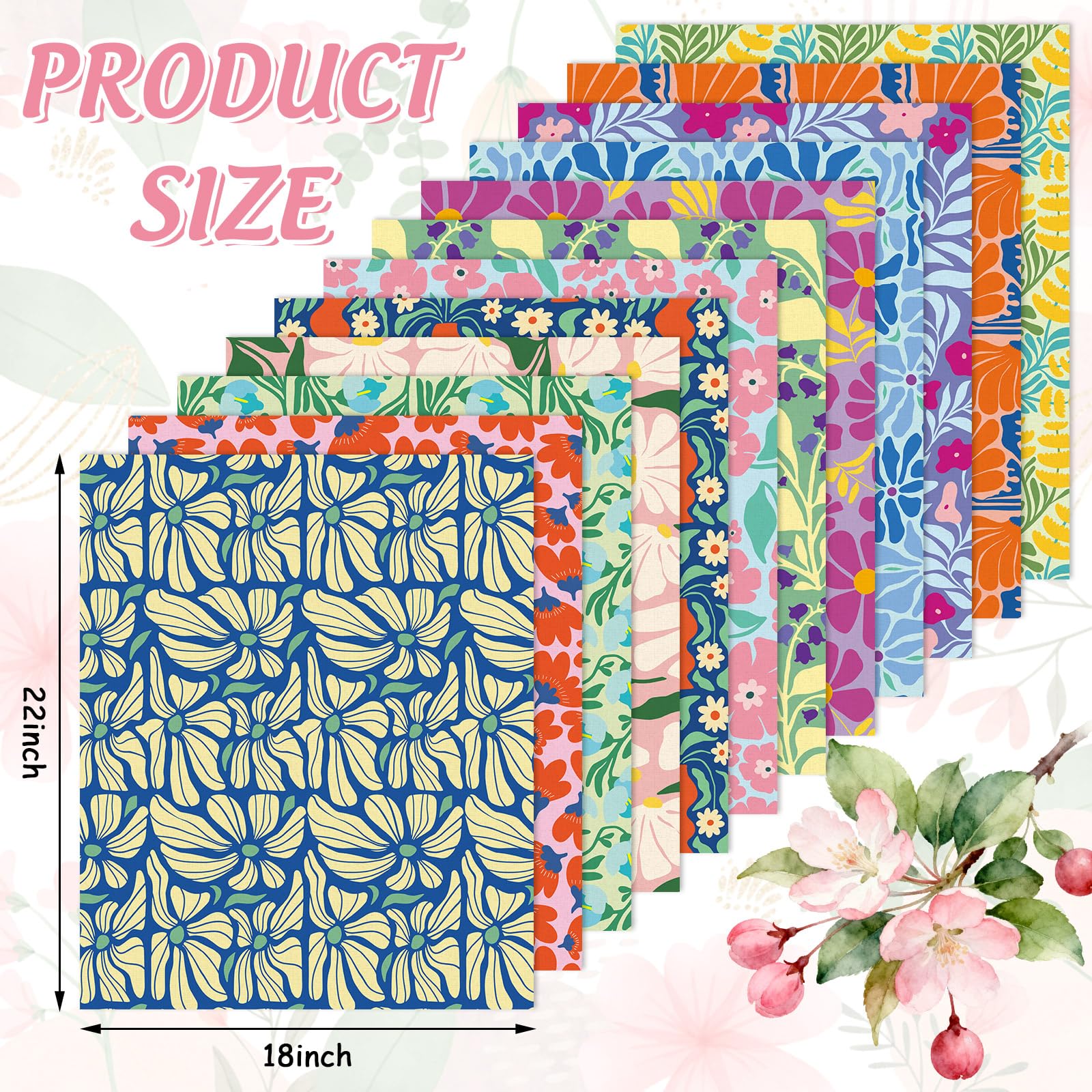 JarThenaAMCS Baumwollstoffbündel mit buntem Blumenmuster, bunt, Blumenblätter, Quilten, Patchwork für DIY, Nähen, Basteln, Dekoration, 45,7 x 55,9 cm, 12 Stück