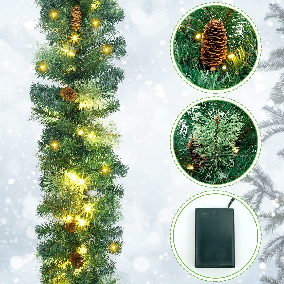 OLOTU Realistico Ghirlanda Natalizia in Rattan Misto con Aghi di Pino Decorazioni Natalizie in Rattan con luci Ghirlanda Natalizia per Feste di Natale a casa Fatto a Mano