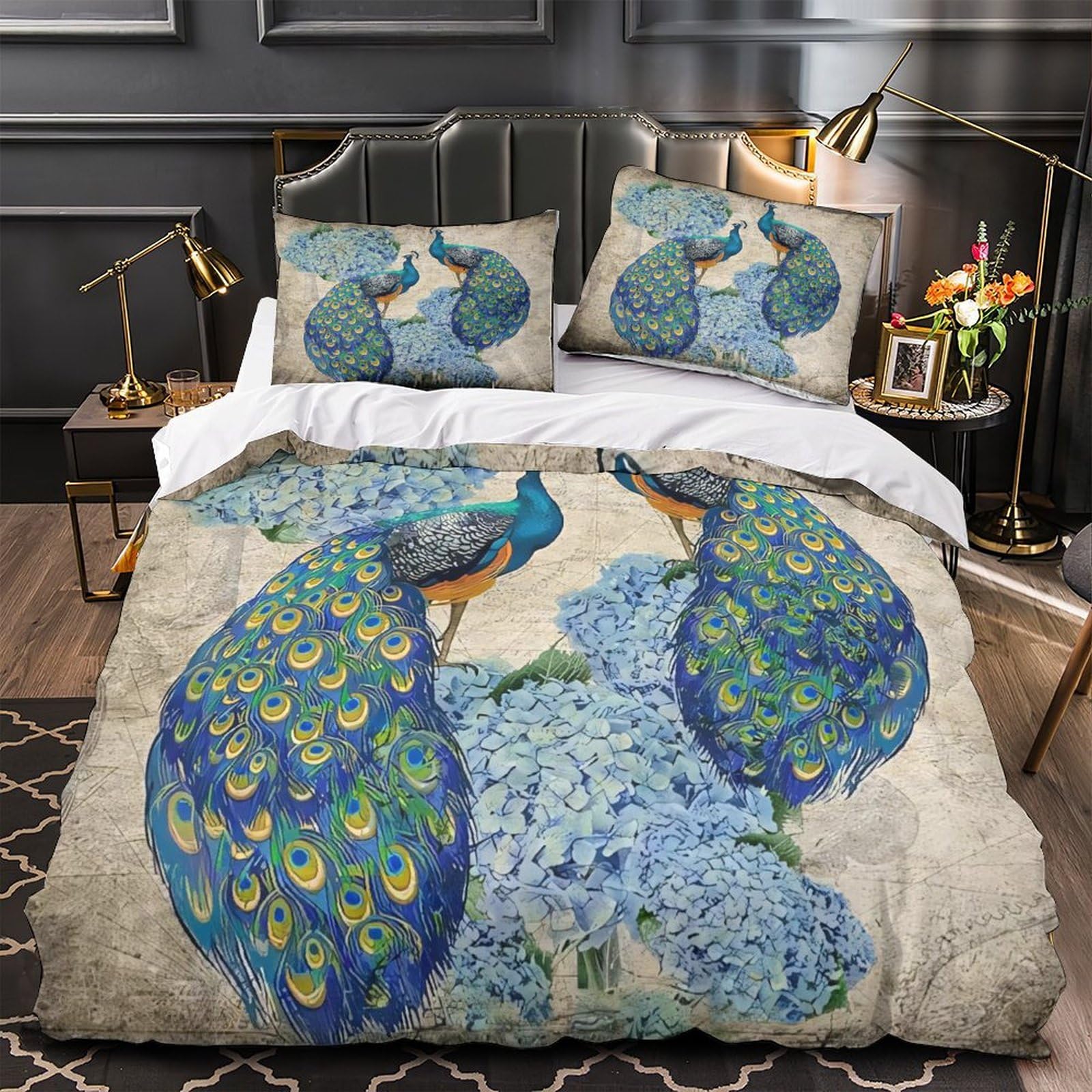 Housse de couette microfibre respirant paon 3D de taille King 220x240cm avec taies