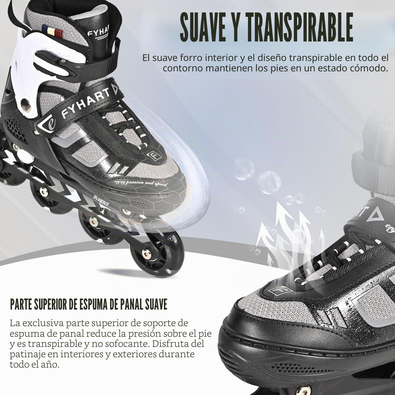 Patines en línea Ajustables para niños y niñas, Patines en línea de 4 Ruedas para Adolescentes y Adultos con Ruedas Luminosas para Deporte, Negro y Blanco
