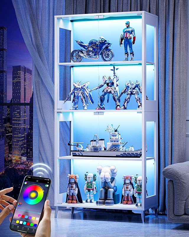 Vitrina con puertas de vidrio, vitrina Curio de 4 niveles, estantes ajustables, 60.000 luces de colores para coleccionables, vitrina de vidrio con aplicación y control remoto, estantería, gabinete de almacenamiento, blanco