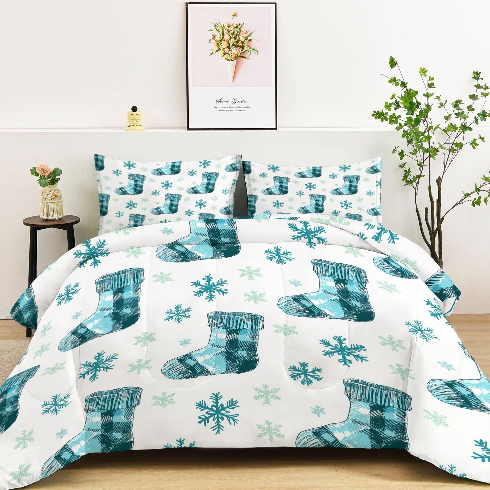 Kołdra 220 x 240 cm, na 4 pory roku, skarpety festiwalowe, płatki śniegu, dwustronna, pikowana, niebieska, kołdra całoroczna, kołdra do spania, nadaje się do prania, z 2 poszewkami na poduszkę 80 x 80