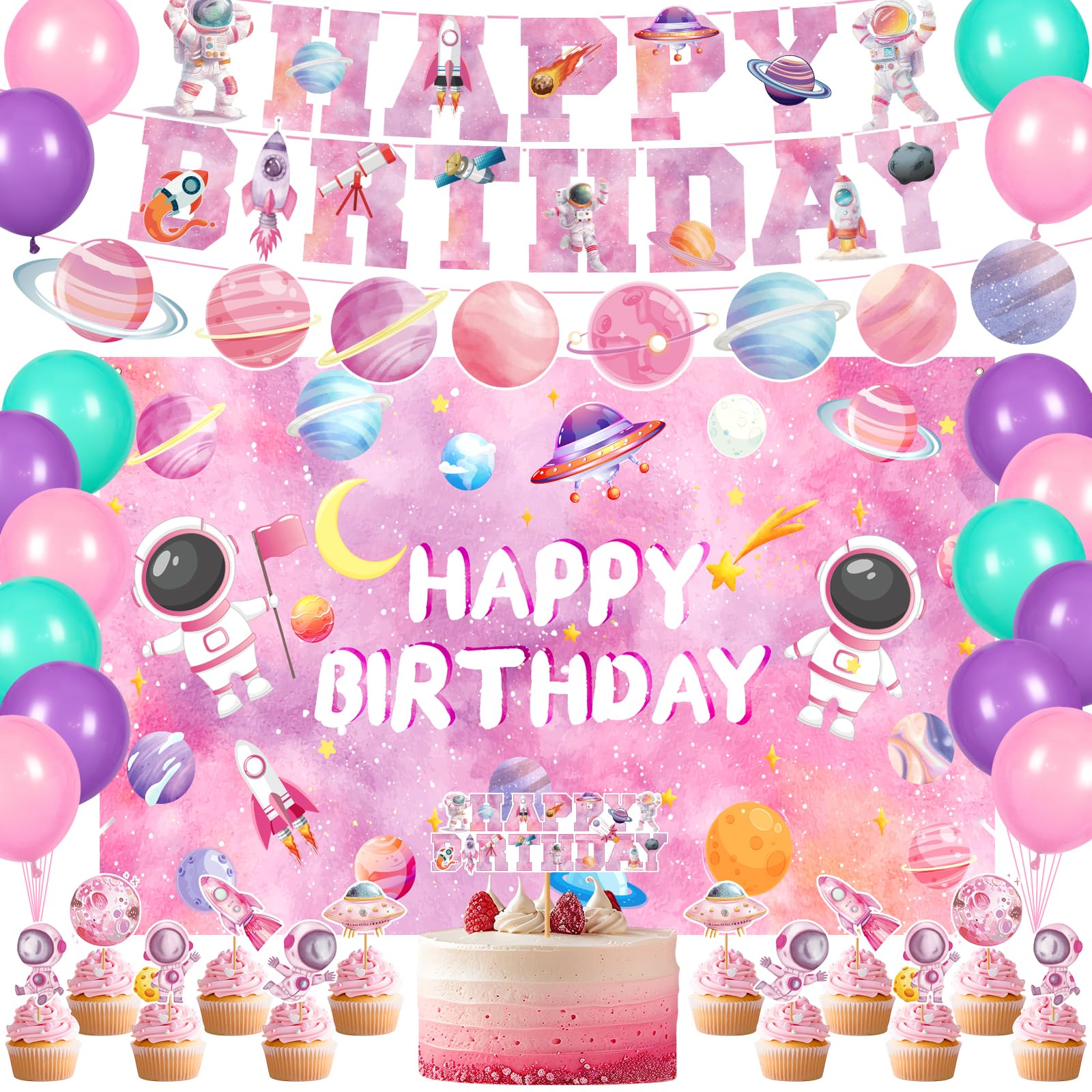 Pink Space Birthday Decorations Outer Space Theme Party Supplies Solar System Happy Birthday Banner Background Cake Cupcake Toppers Balloons for